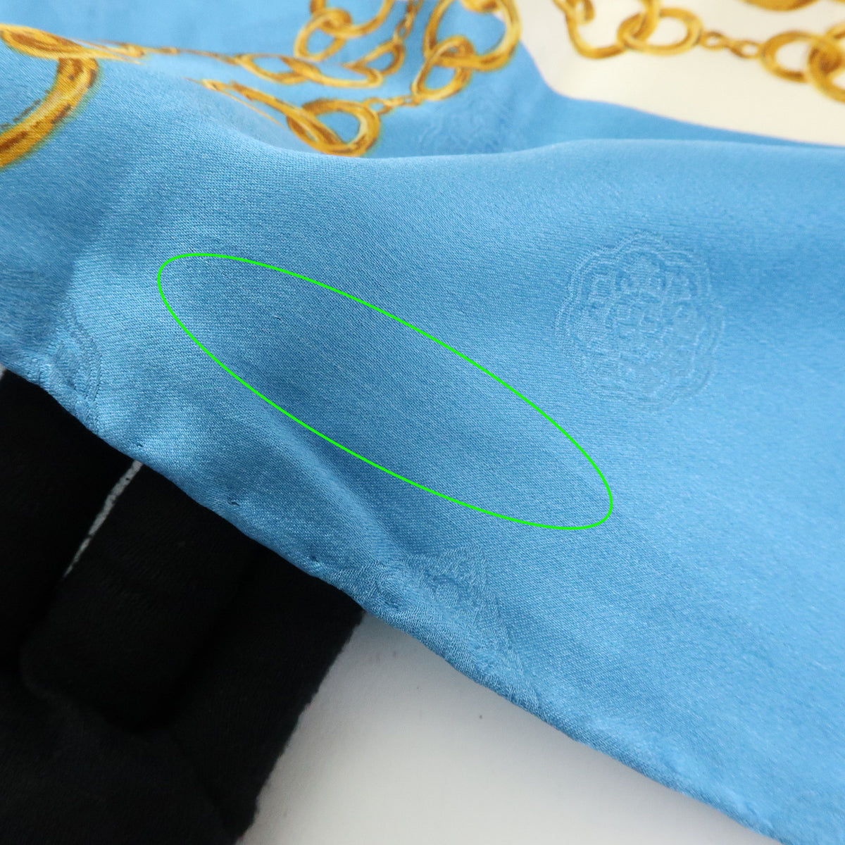 CHANEL Silk 100% Scarf  Gold Chain Motif Light Blue White