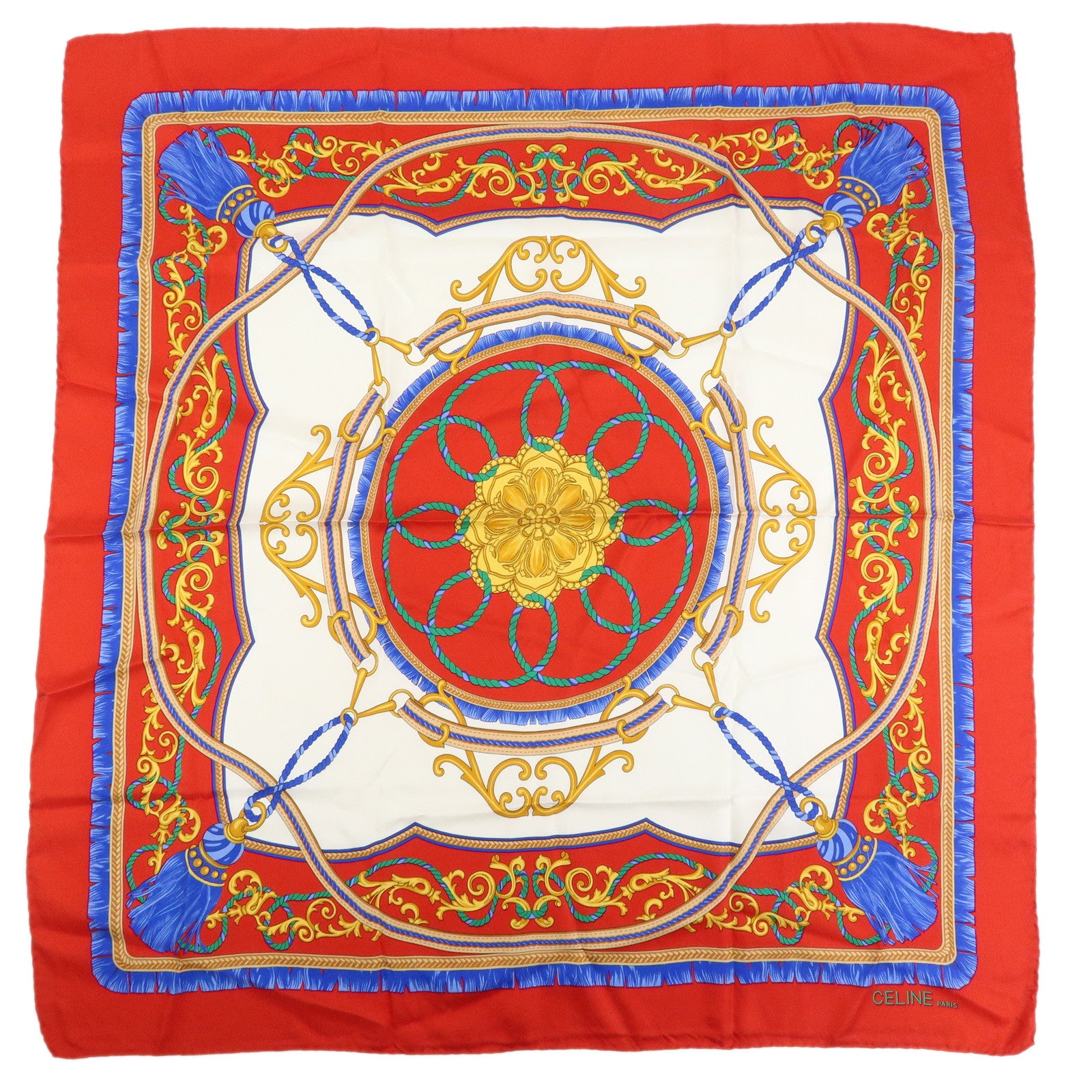 CELINE Silk100% Tassel Chain Print Scarf Shawl Blue Red Yellow