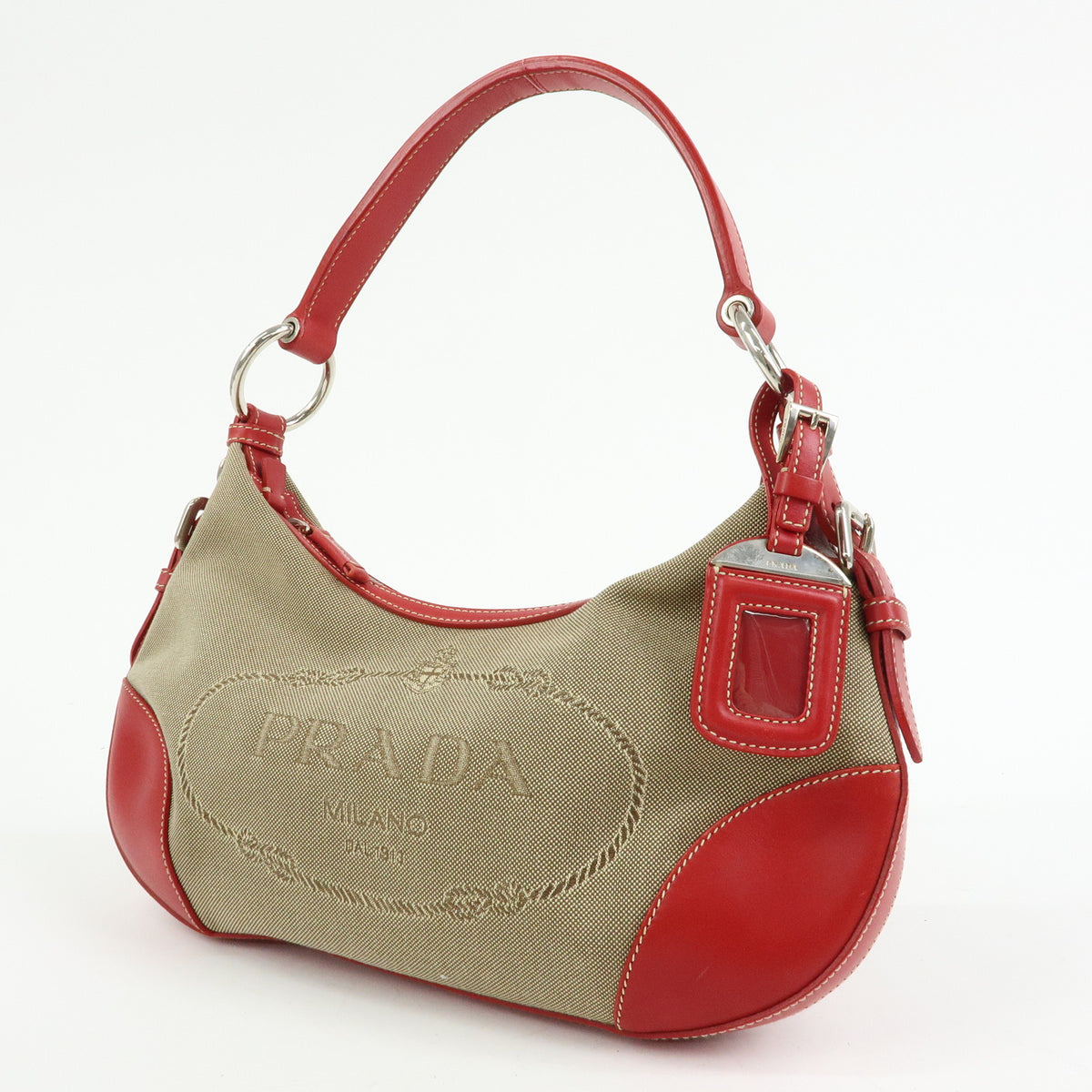PRADA Logo Jacquard Leather Shoulder Bag Hand Bag Beige Red BR3429