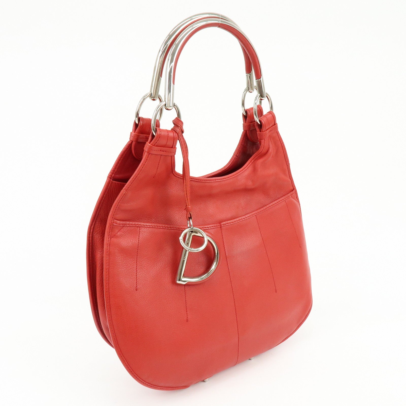 Christian Dior Leather Shoulder Bag Hand Bag D-charm Red