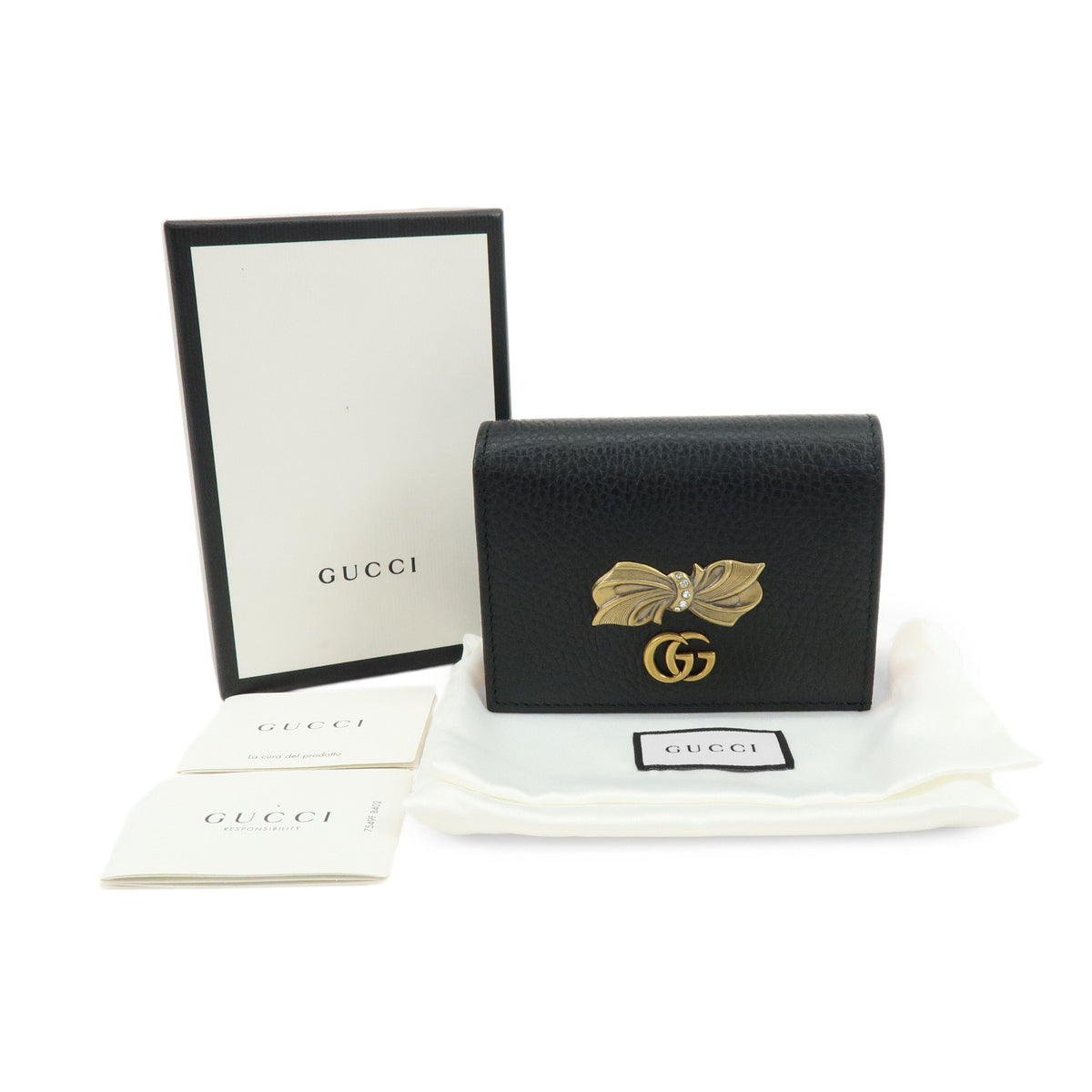 GUCCI Double G Leather Compact Bi-fold Wallet Ribbon Motif Black 524289