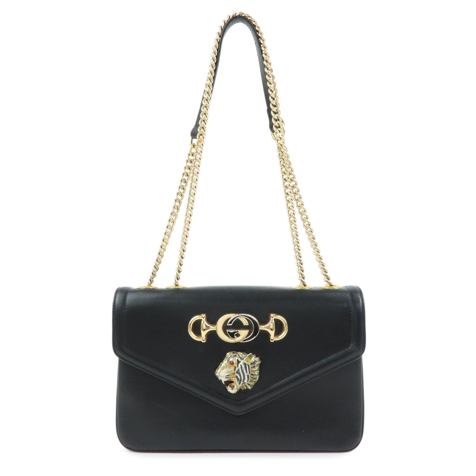 GUCCI Rajah Tiger Head Leather Chain Shoulder Bag Black 537241