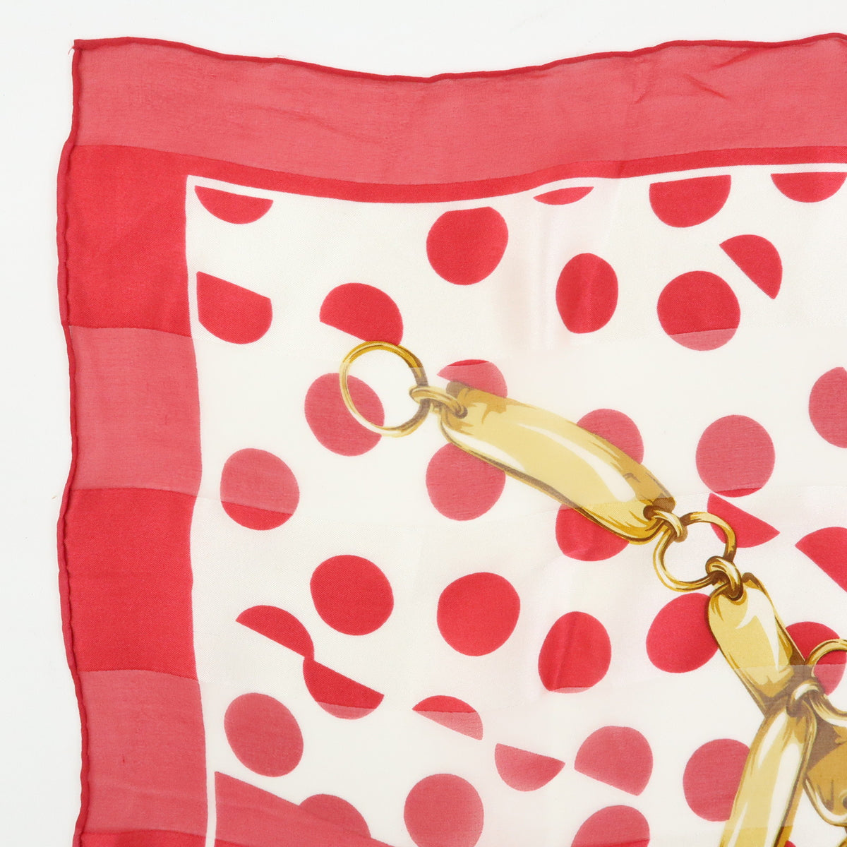 Christian Dior Silk 100% Scarf Chain Motif Dots Red White Gold