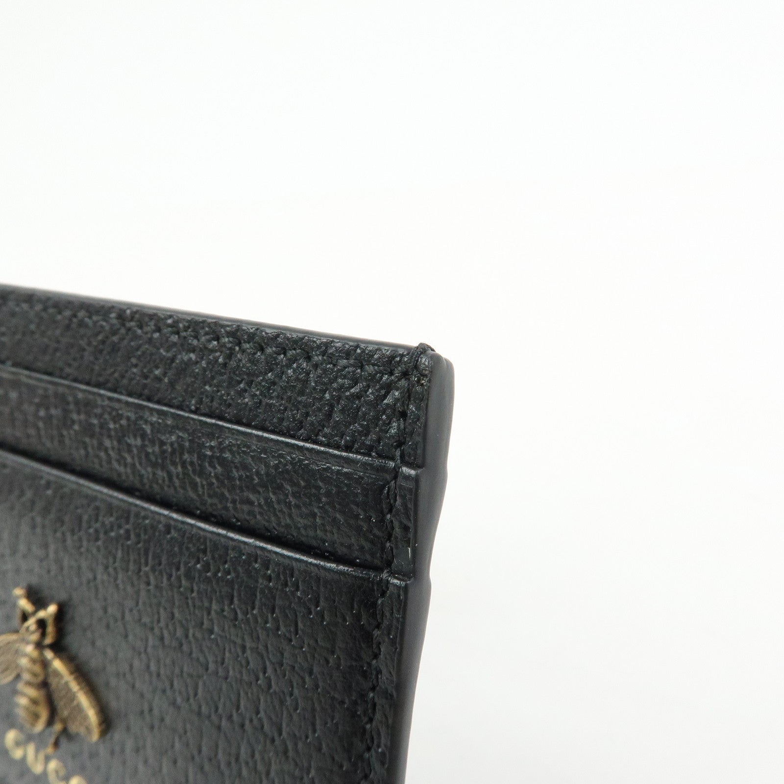 GUCCI Animalier Leather Card Case Card Holder Bee Motif Black 523685