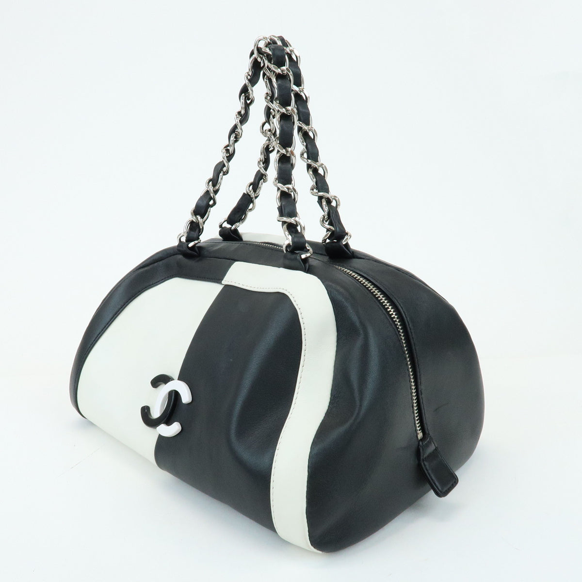 CHANEL COCO Mark Bicolor Lamb Skin Bowling Bag Hand Bag Black White