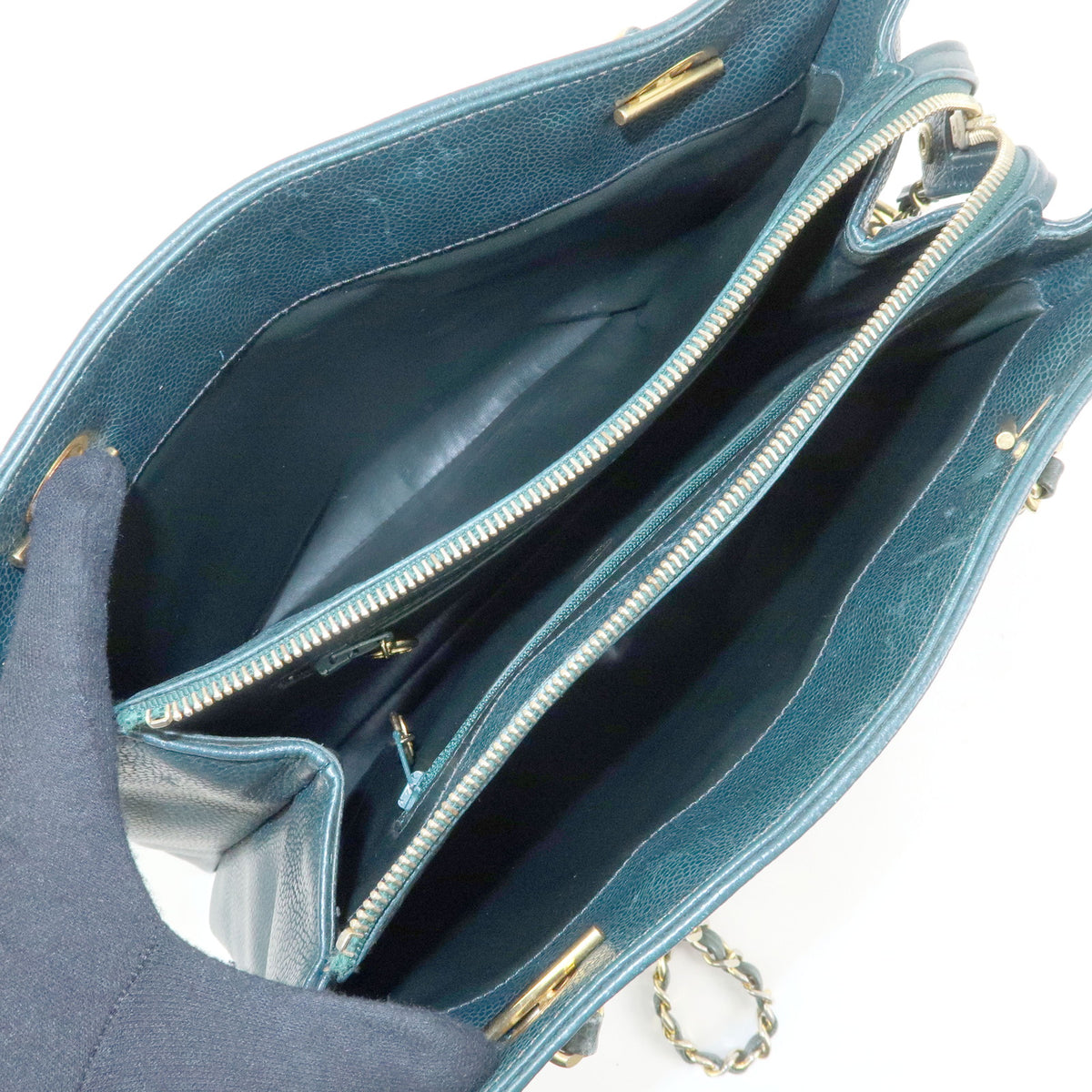 CHANELCOCO Mark Caviarskin Chain Shoulder Bag Tote Bag Dark Green