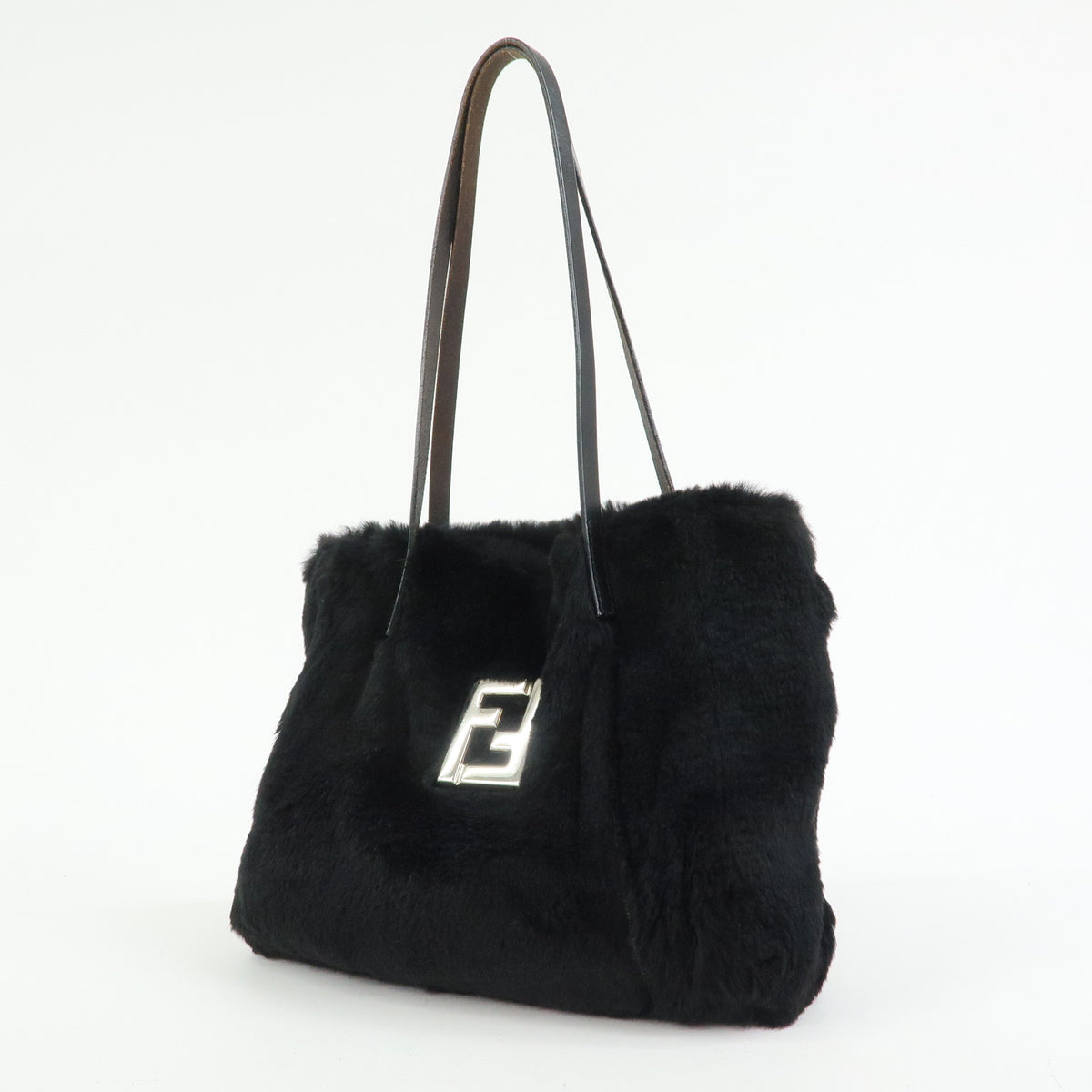 FENDI FF Logo Lapin Rabbit Fur Leather Shoulder Tote Bag Black 16001