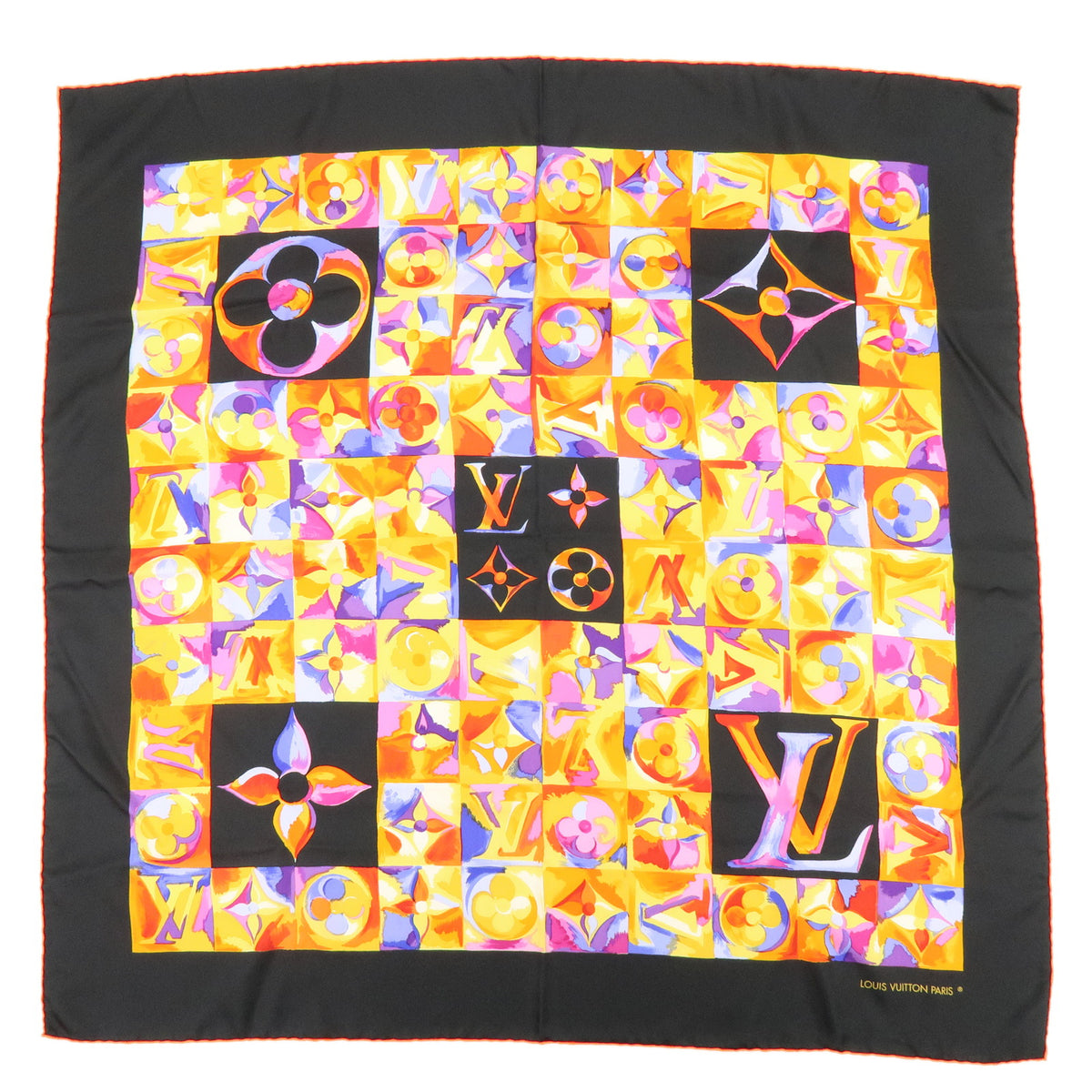 Louis Vuitton Monogram Carre 90 Silk 100% Scarf Au Fil Du Temps black