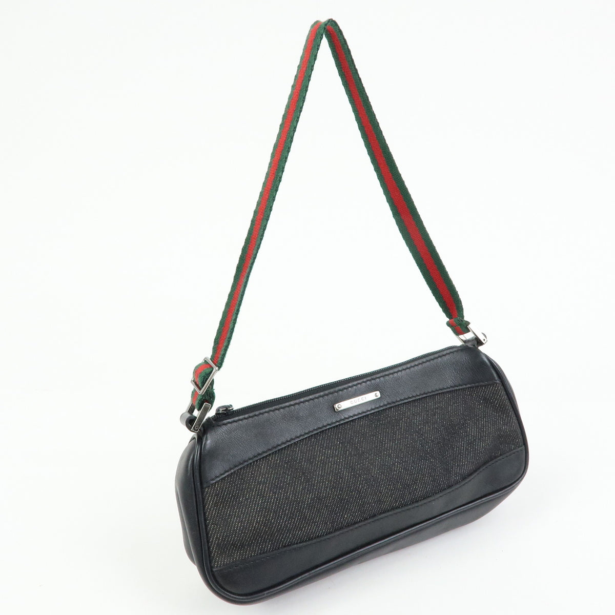 GUCCI Sherry Accessory Pouch Denim Canvas Leather Hand Bag Black 92820