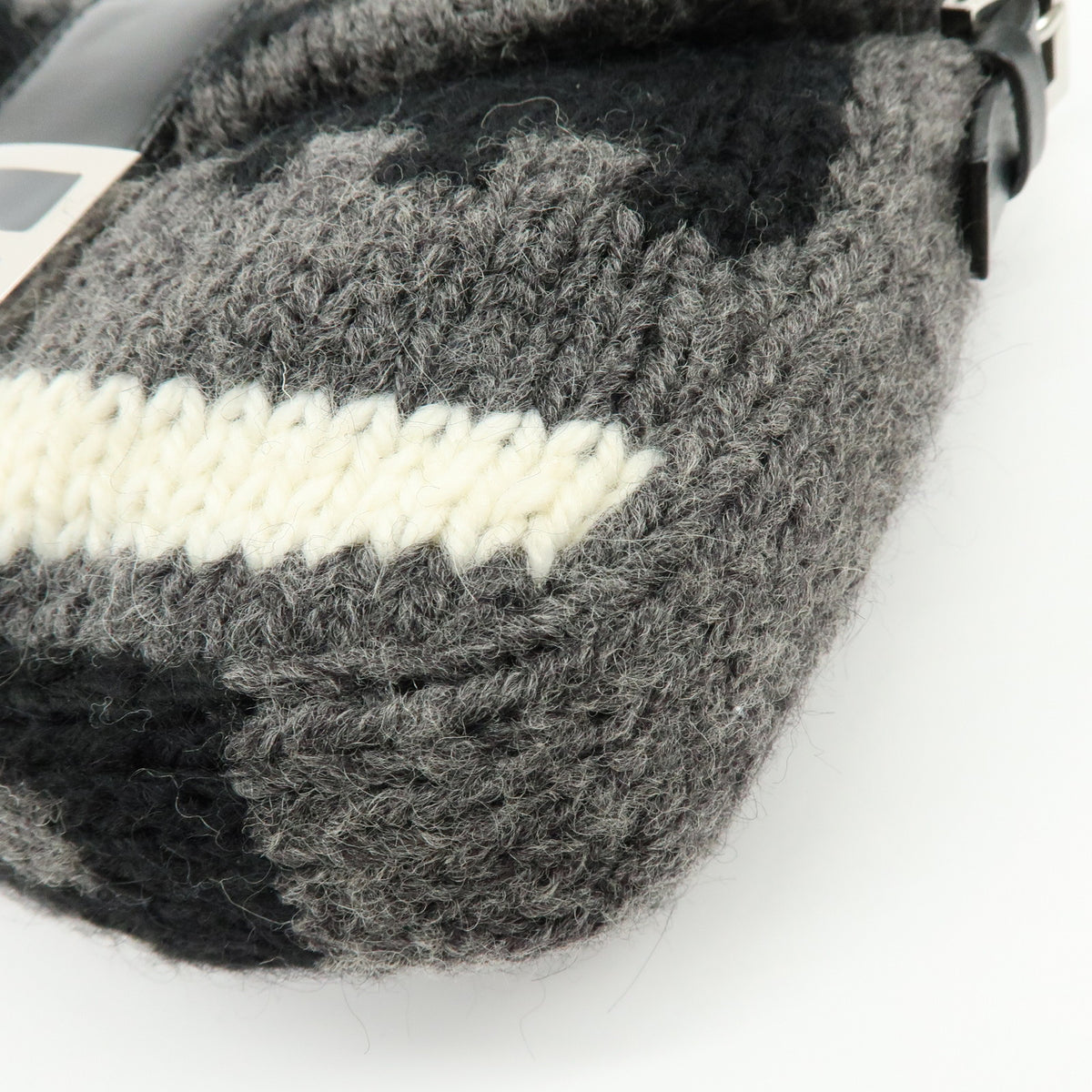 FENDI Mamma Baquette Wool Leather Shoulder Bag Black Grey White 16059