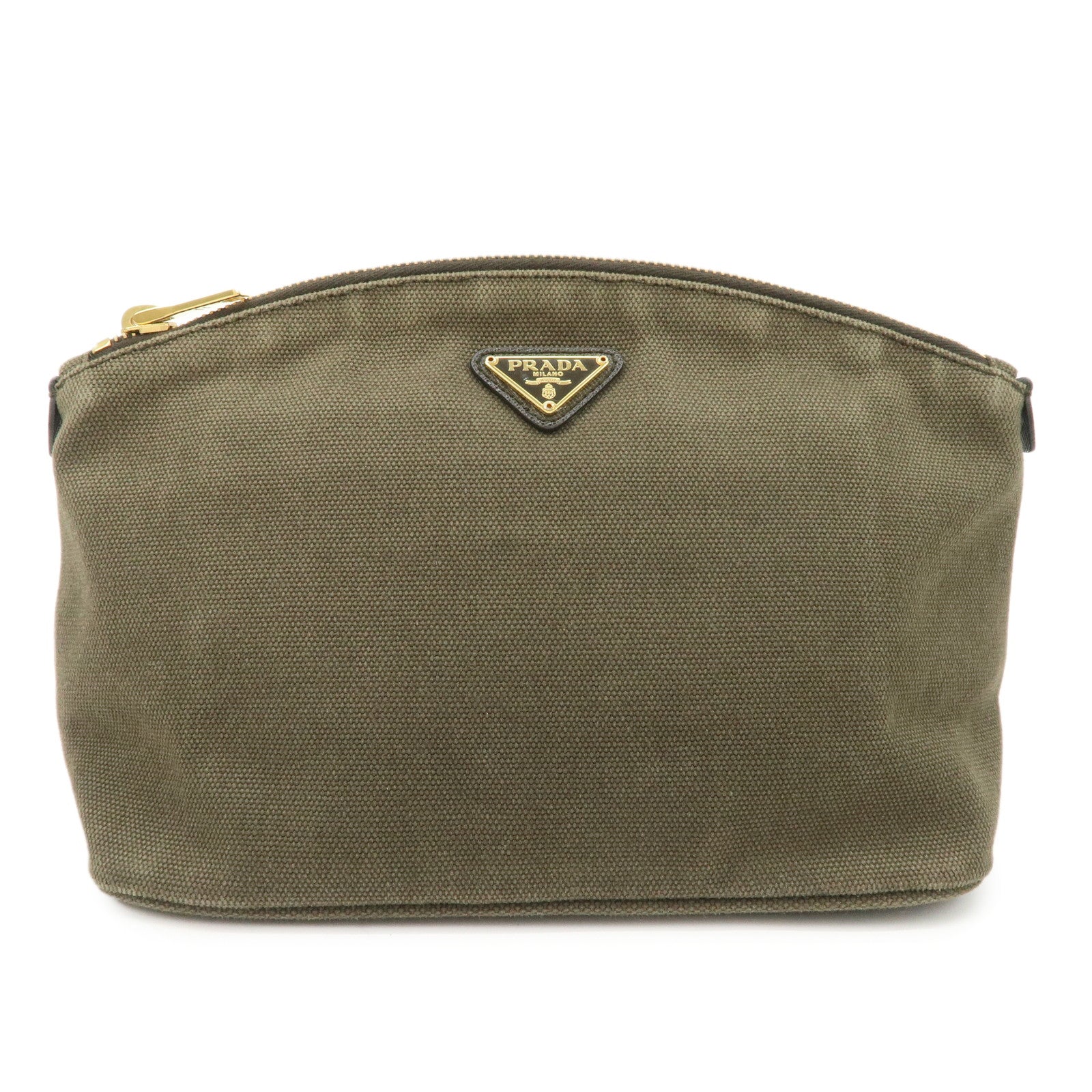 PRADA Triangle Logo Canvas Leather Cosmetic Pouch Khaki 1N1857 Used