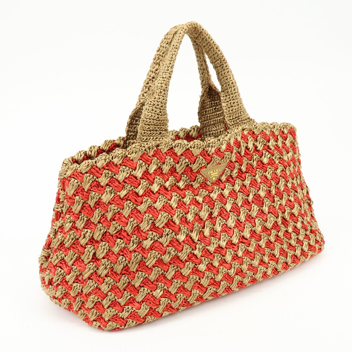 PRADA Canapa Large Triangle Logo Raffia Tote Bag Natural Red BN2302