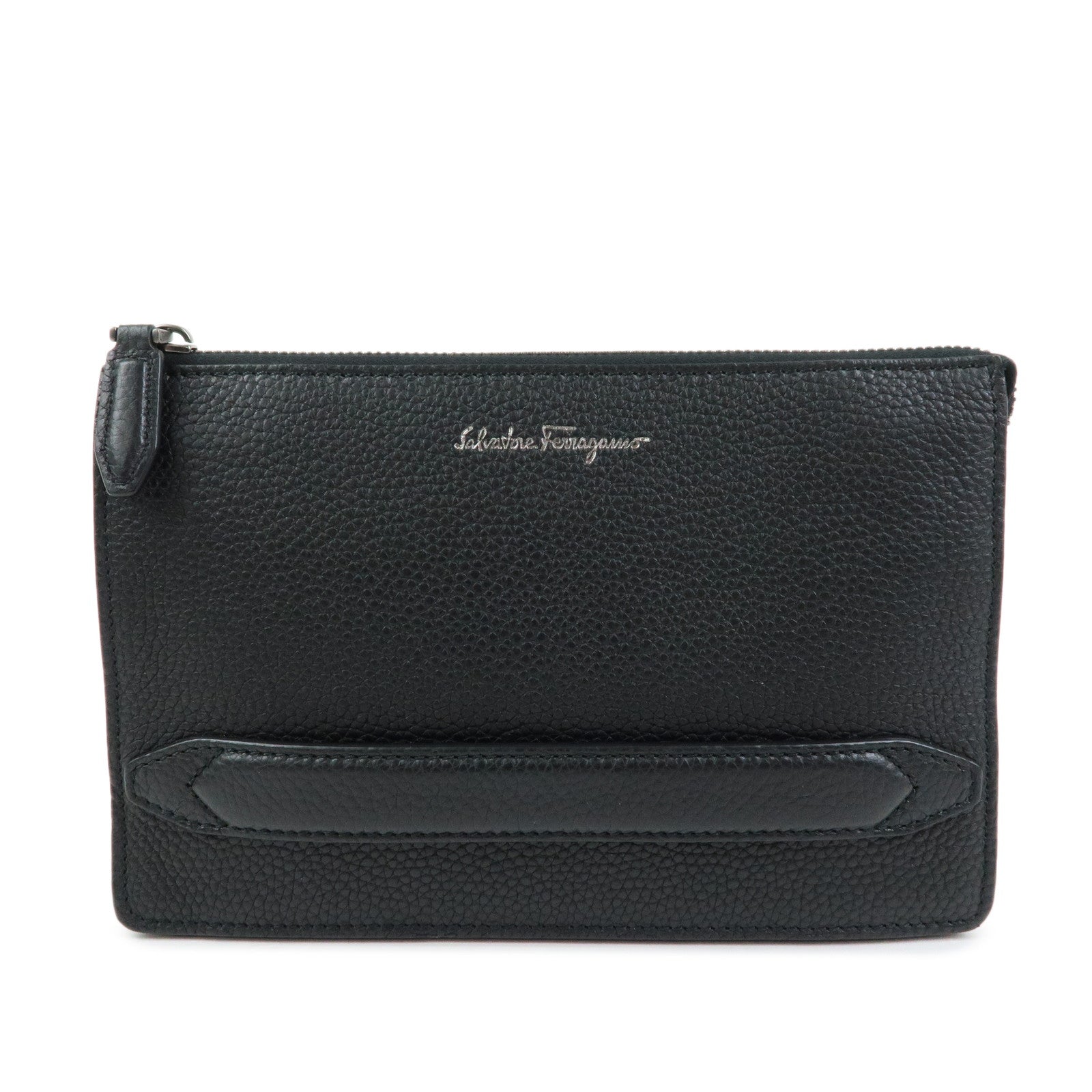 Ferragamo Leather Clutch Bag Flat Pouch Purse Black