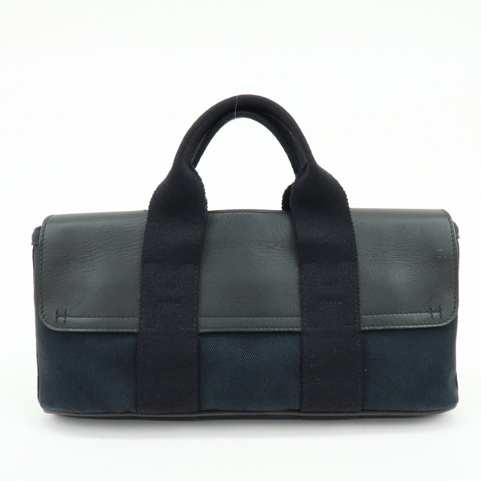 HERMES Valparaiso Long PM Toile Chevron Leather Hand Bag Black