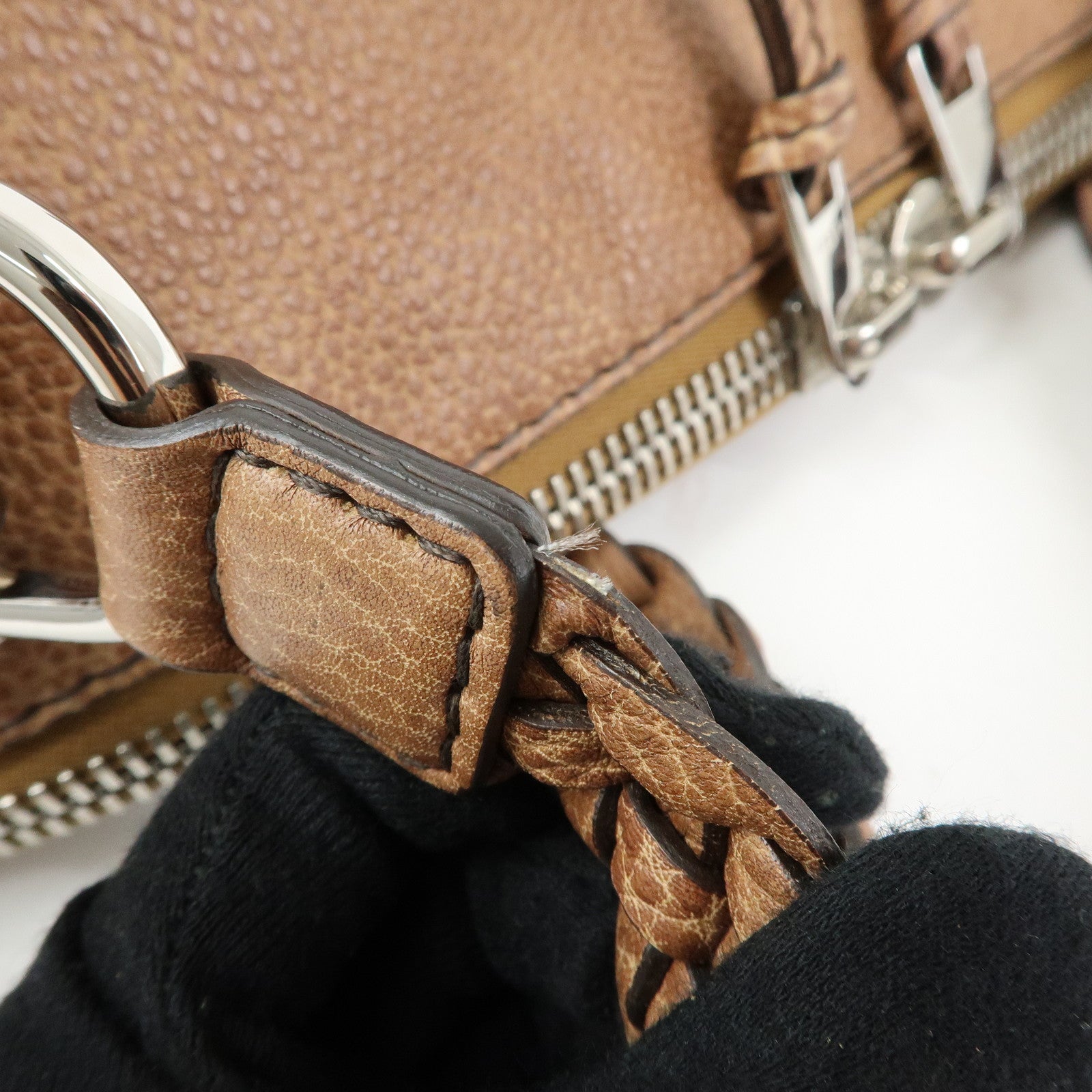 GUCCI Bamboo Embossed Leather Boston Bag Hand Bag Brown 232959
