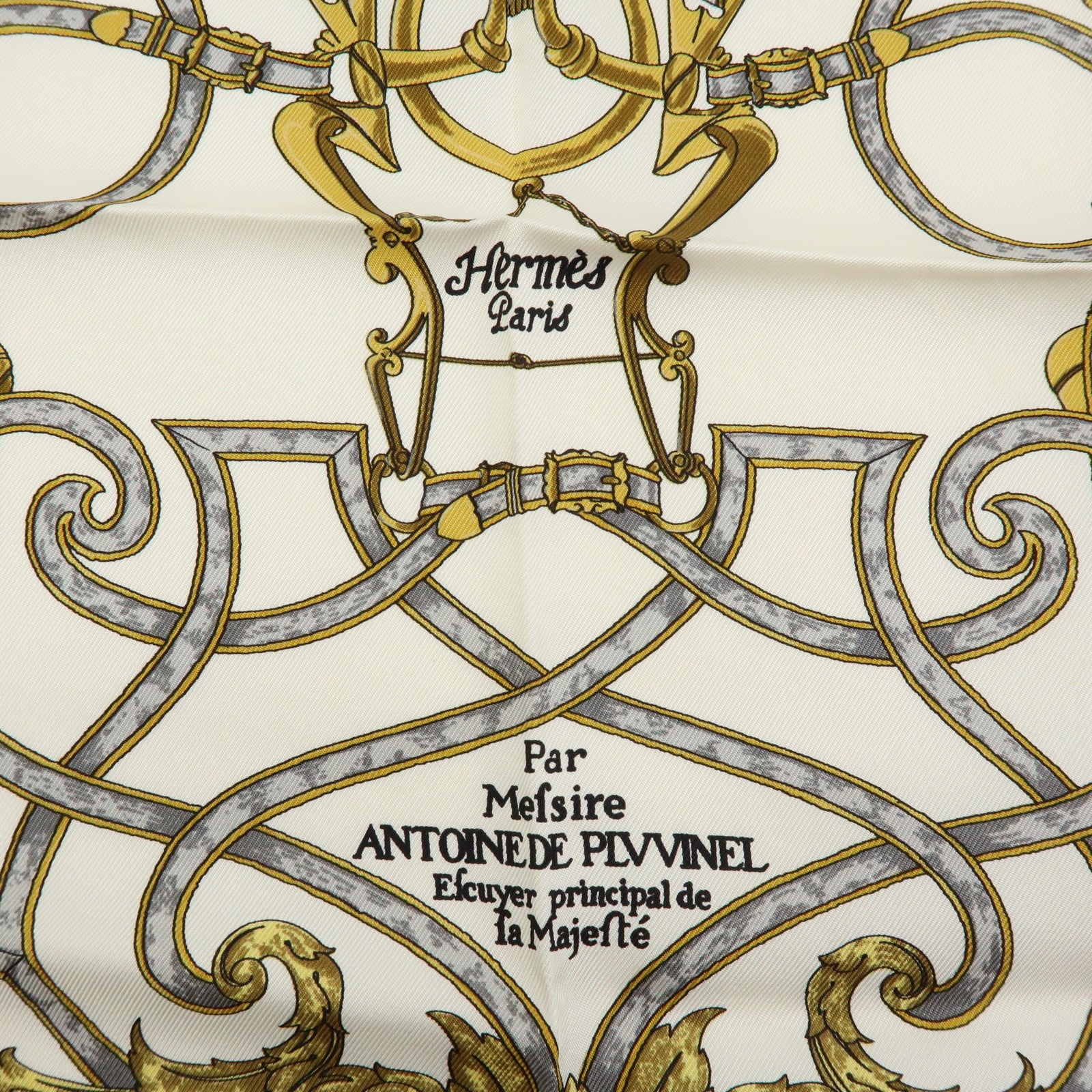 HERMES Carre 40 Silk 100% Scarf L'INSTRVCTION DV ROY White Gold Gray