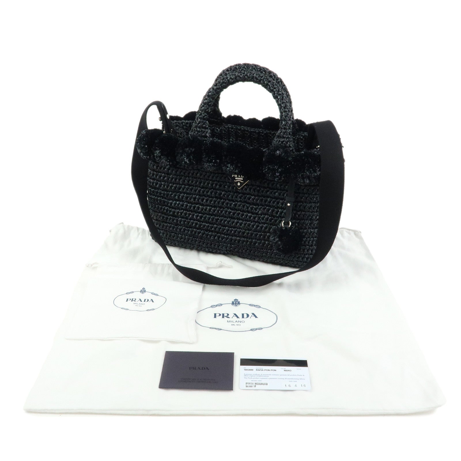 PRADA Triangle Logo Canapa Raffia Pon Pon 2Way Shoulder Tote Bag Black