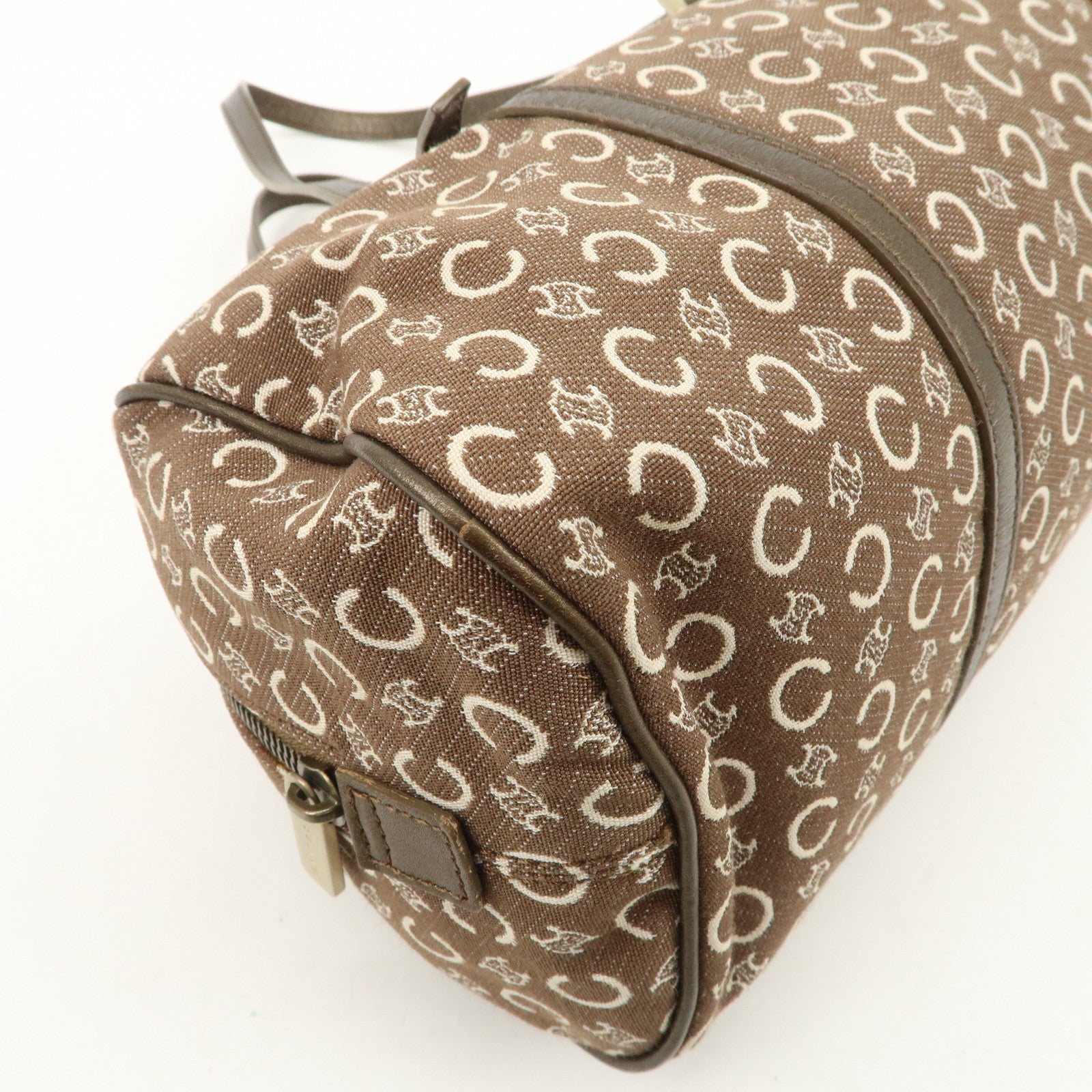 CELINE C Macadam Canvas Leather Boston Bag Hand Bag Brown White Used