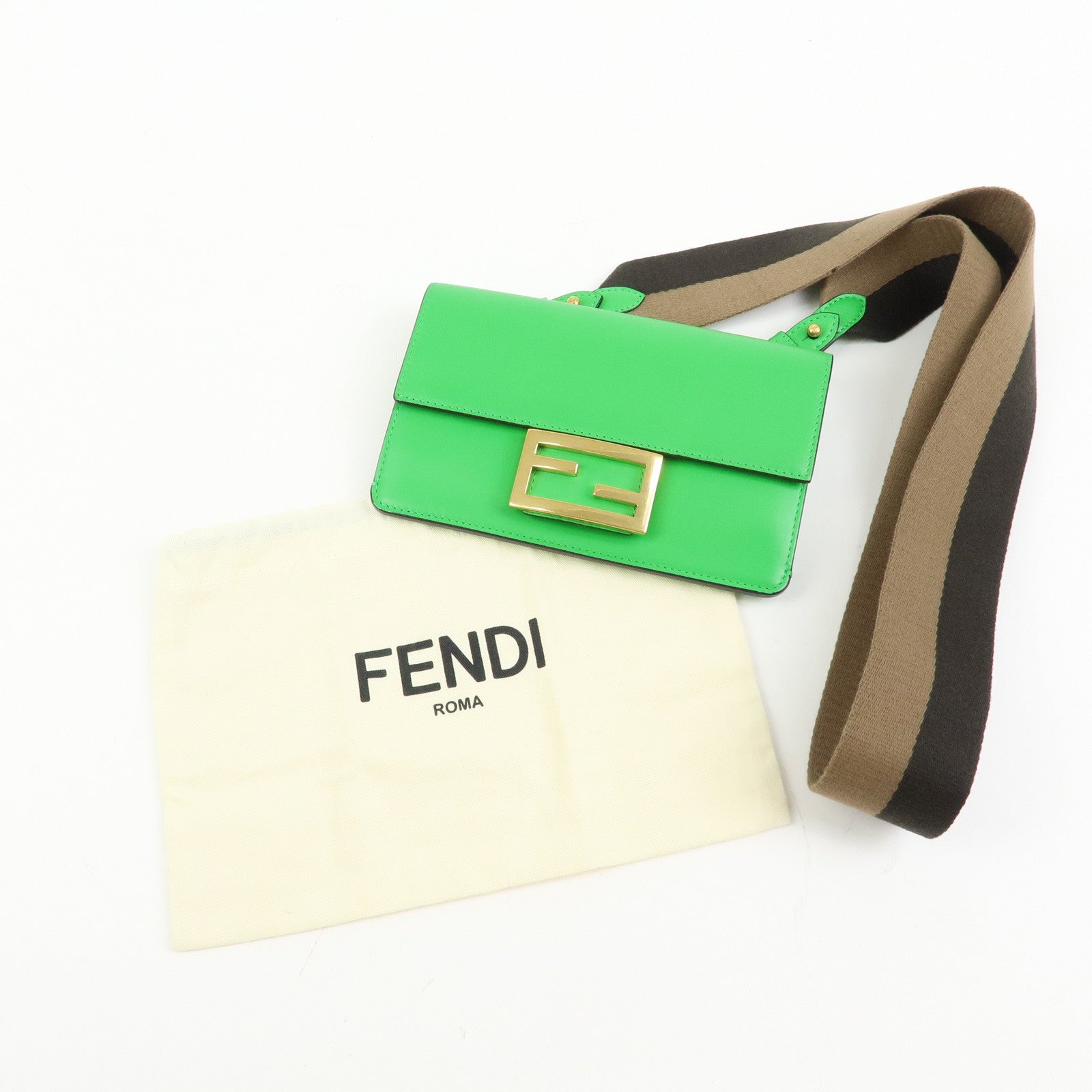 Fendi Flat Baguette Leather Shoulder Bag Green Brown 8BS039