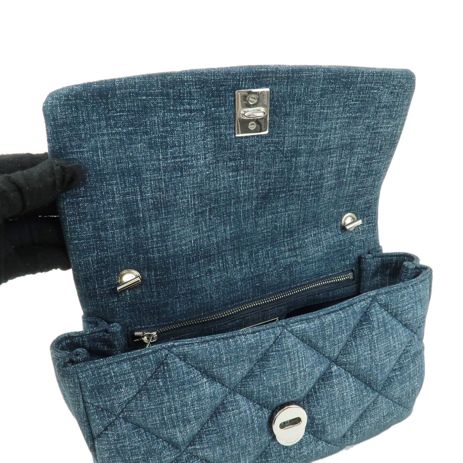 Ferragamo Vara Ribbon Denim Leather Chain Shoulder Bag Navy