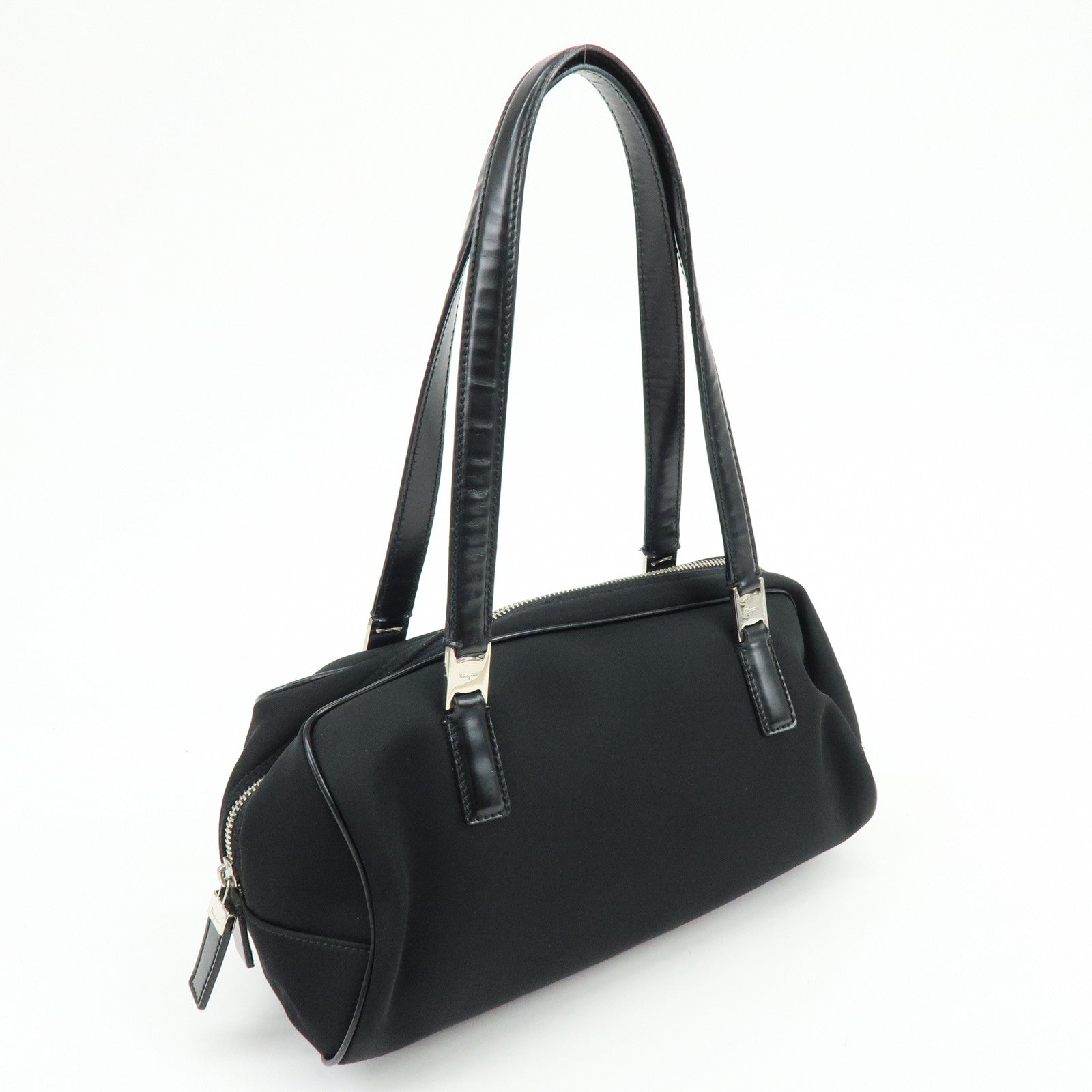 Ferragamo Nylon Leather Hand Bag Mini Boston Bag Black