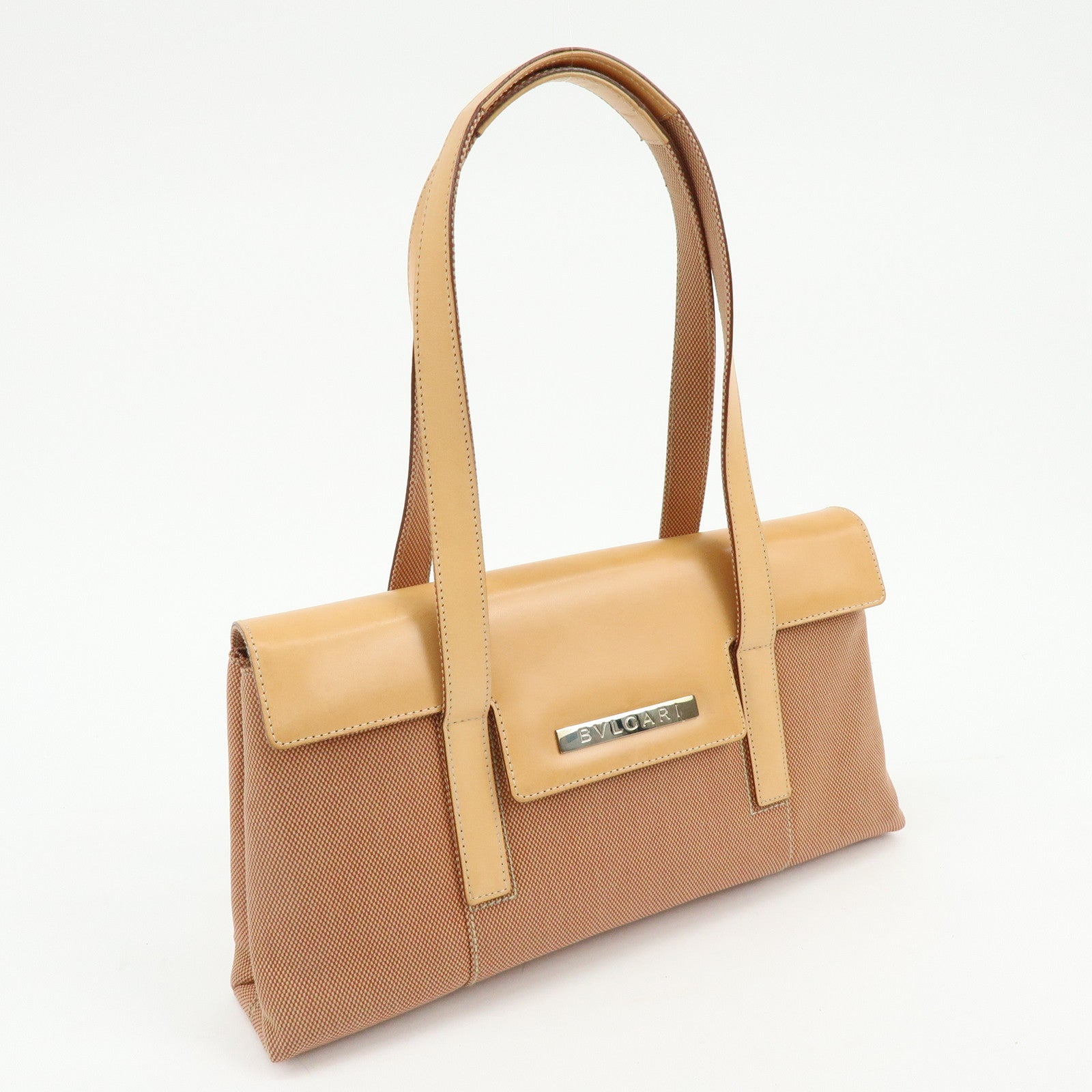BVLGARI Canvas Leather Flap Shoulder Bag Hand Bag Beige Red