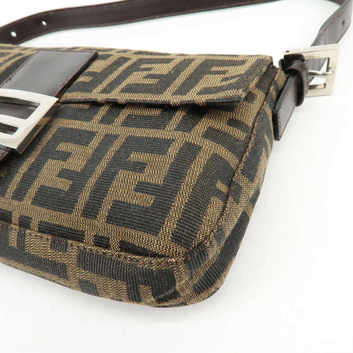 FENDI Mamma Baguette Jacquard Canvas Leather Shoulder Bag Brown 26424