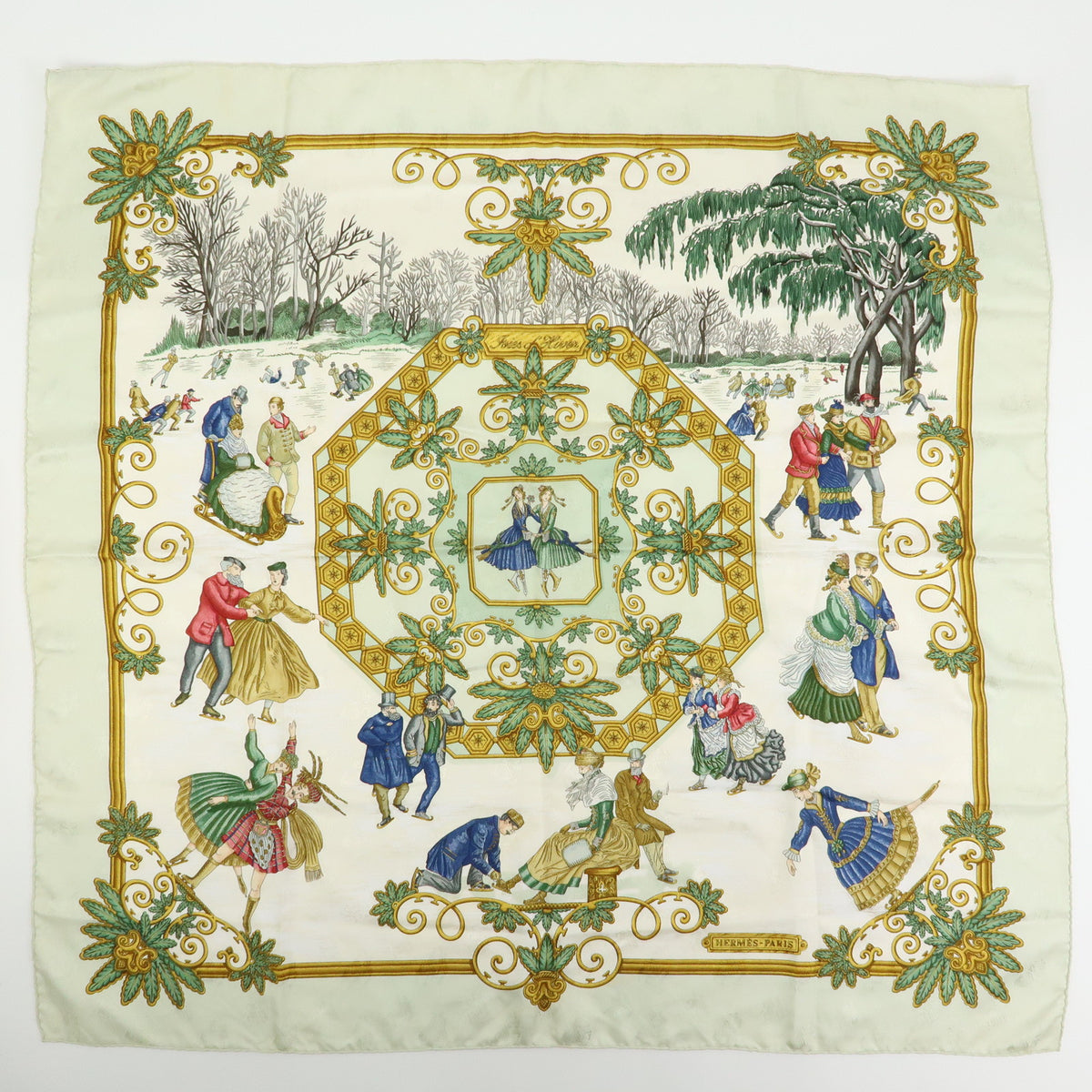 HERMES Carre 90 Lot of 3 Silk 100% Scarf Gray Ivory Light Green