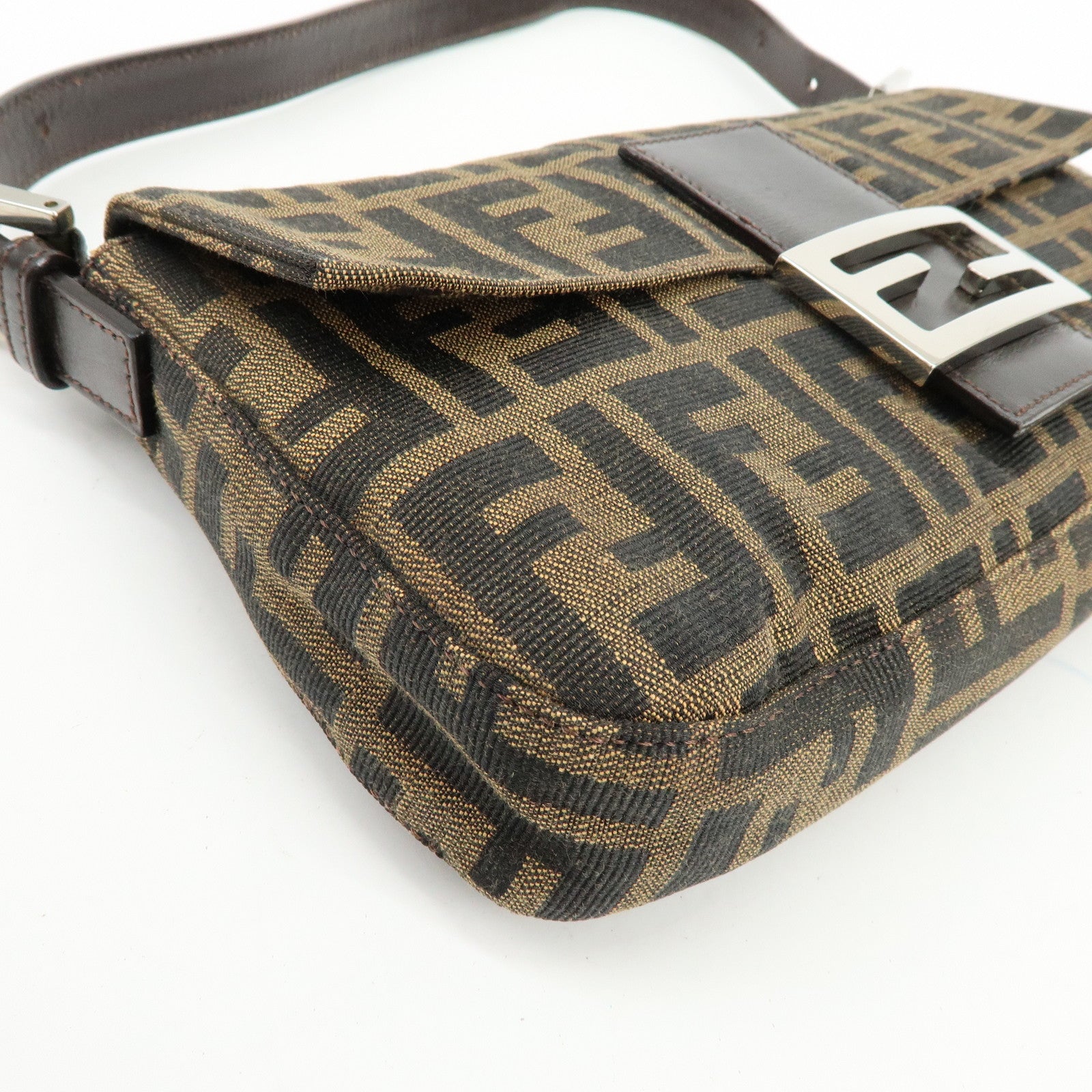 FENDI Mamma Baguette Jacquard Canvas Leather Shoulder Bag Brown 26424