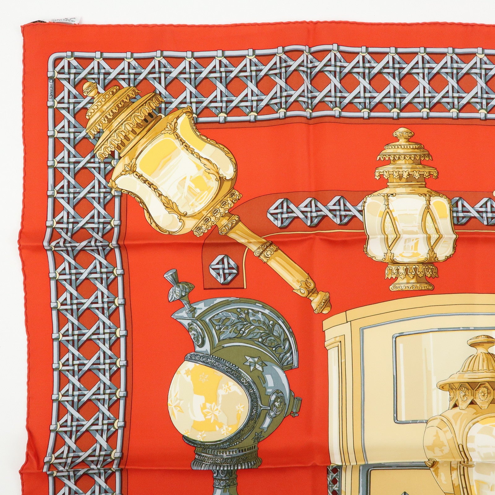 HERMES Carre 90 Silk 100% Scarf FEUX DE ROUTE Lantern Motif Red Gold