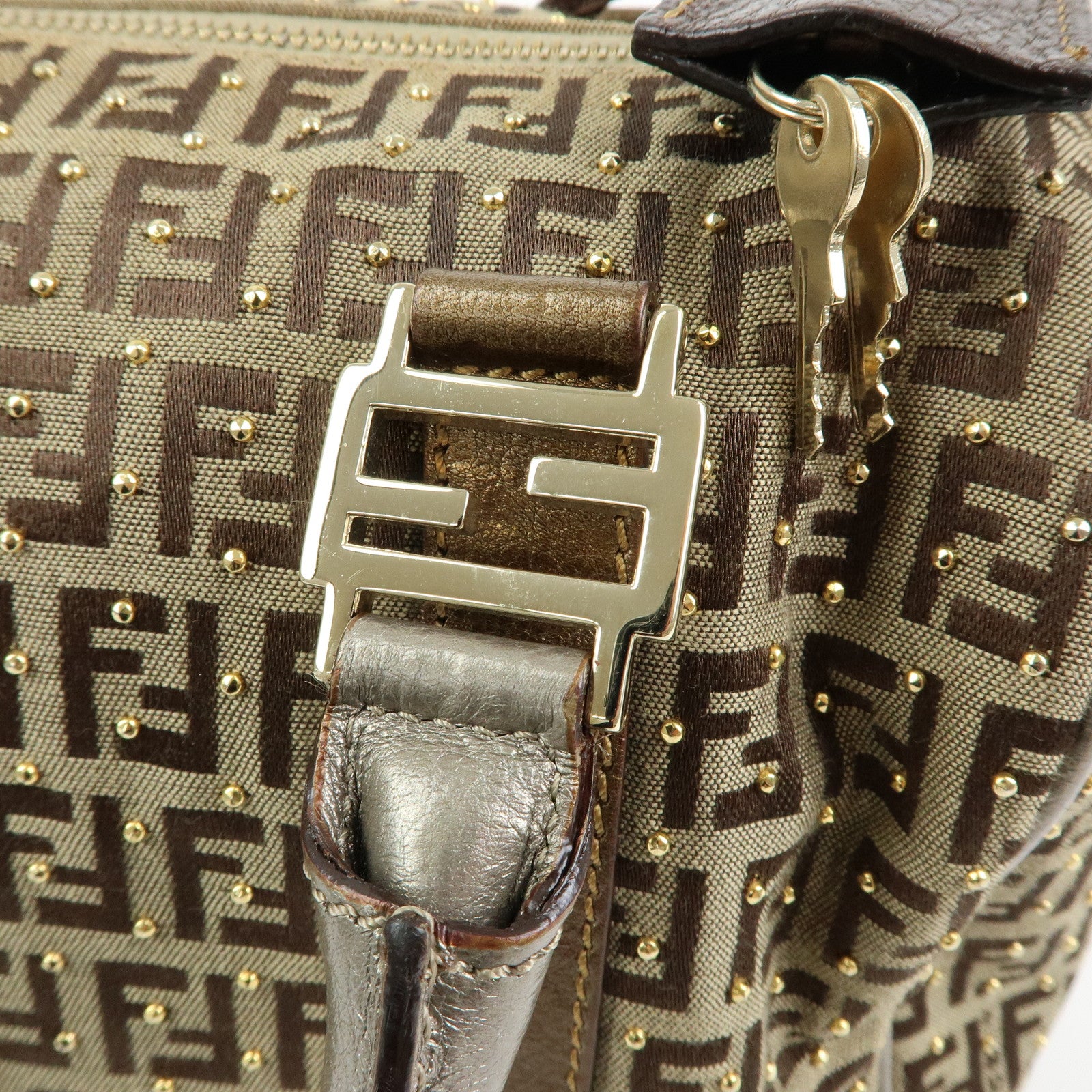 FENDI Zucchino Canvas Leather Boston Bag Hand Bag Beige Gold 8BL068