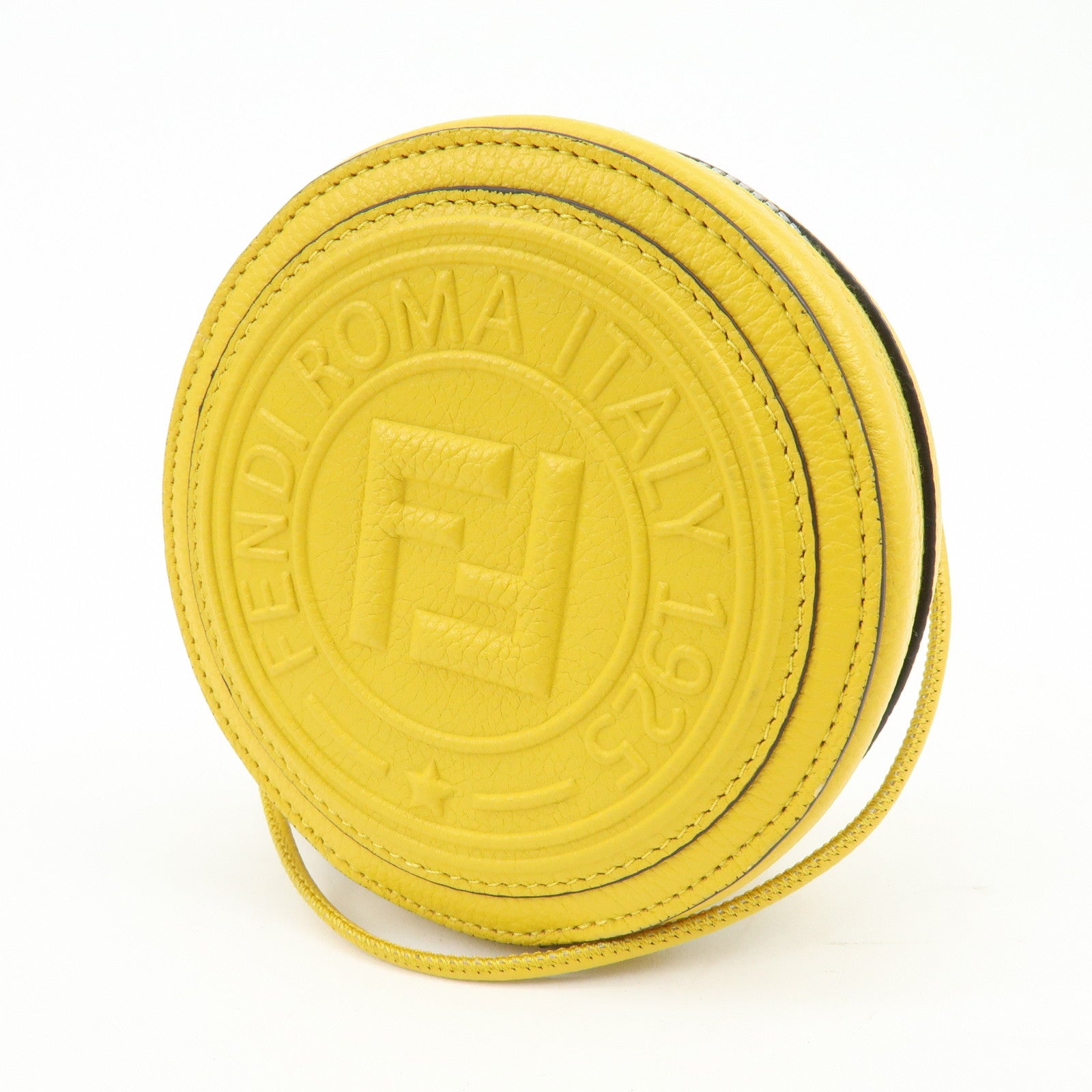 FENDI FF Logo Leather Round Zip Shoulder Bag Yellow 7M0359