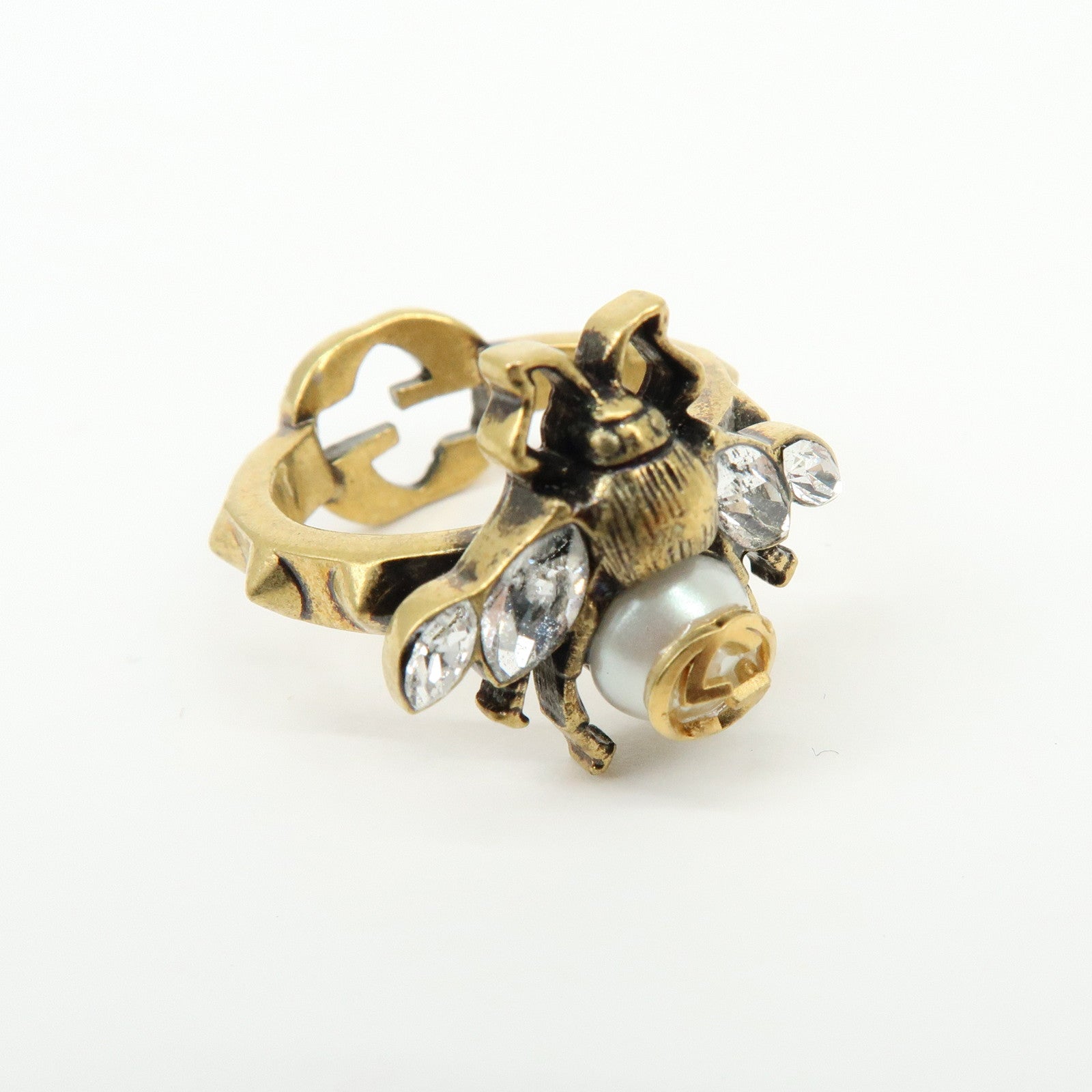 GUCCI Interlocking G Bee Metal Rhinestone Imitation Pearl Ring XS