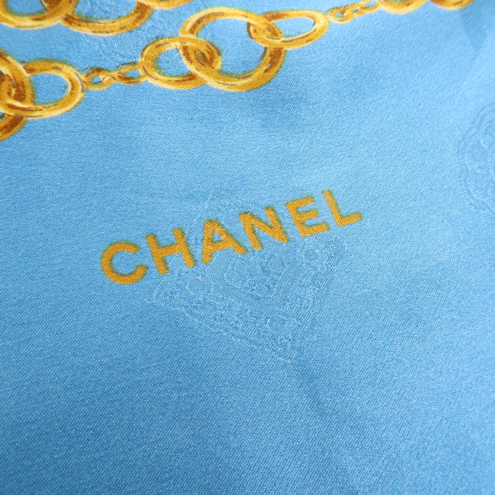 CHANEL Silk 100% Scarf  Gold Chain Motif Light Blue White