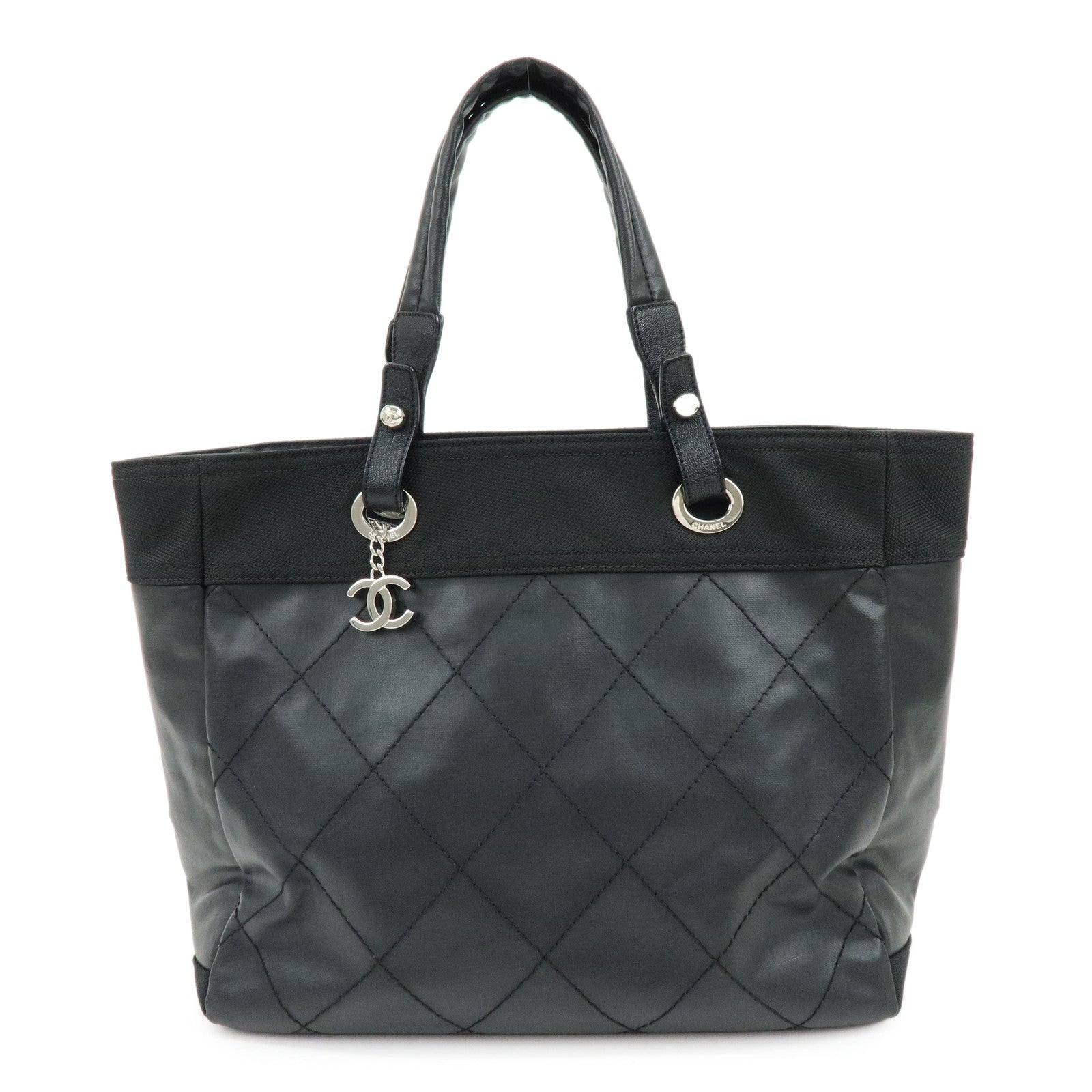 CHANEL Paris Biarritz COCO Mark Leather Canvas Tote Bag Black A34209