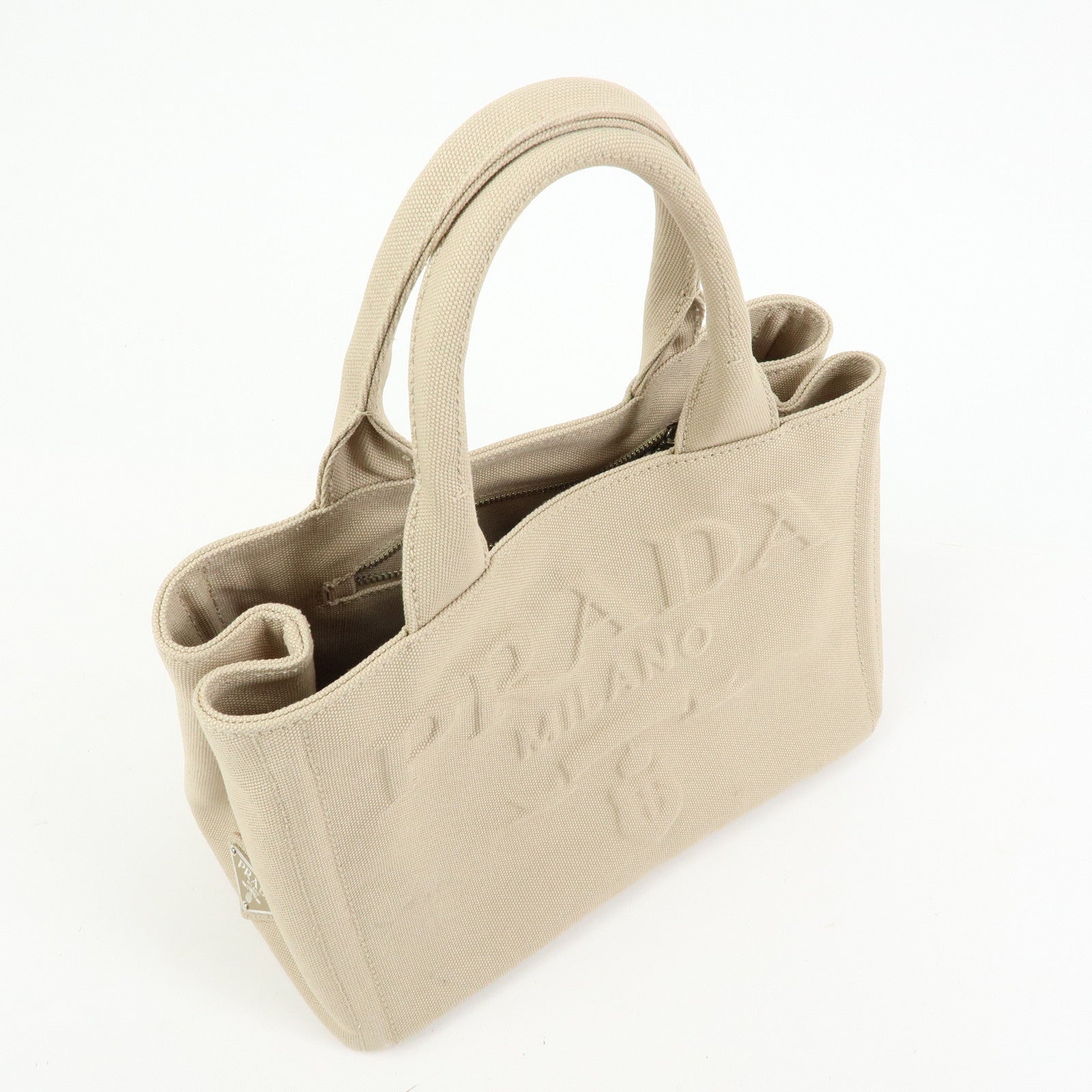 PRADA Canapa Triangle Logo Canvas 2Way Hand Bag Shoulder Bag Beige