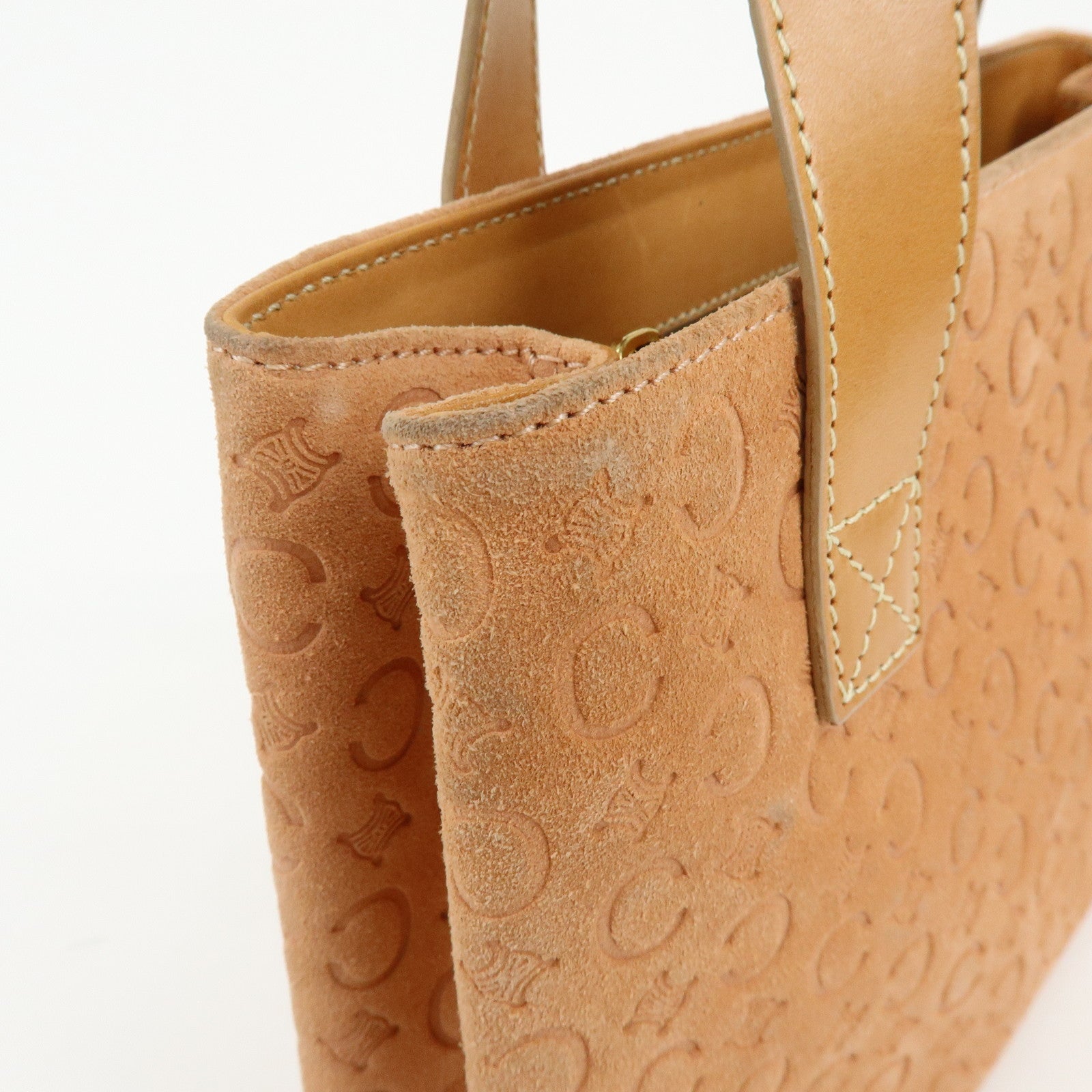 CELINE C Macadam Suede Leather Hand Bag Tote Bag Orange Beige