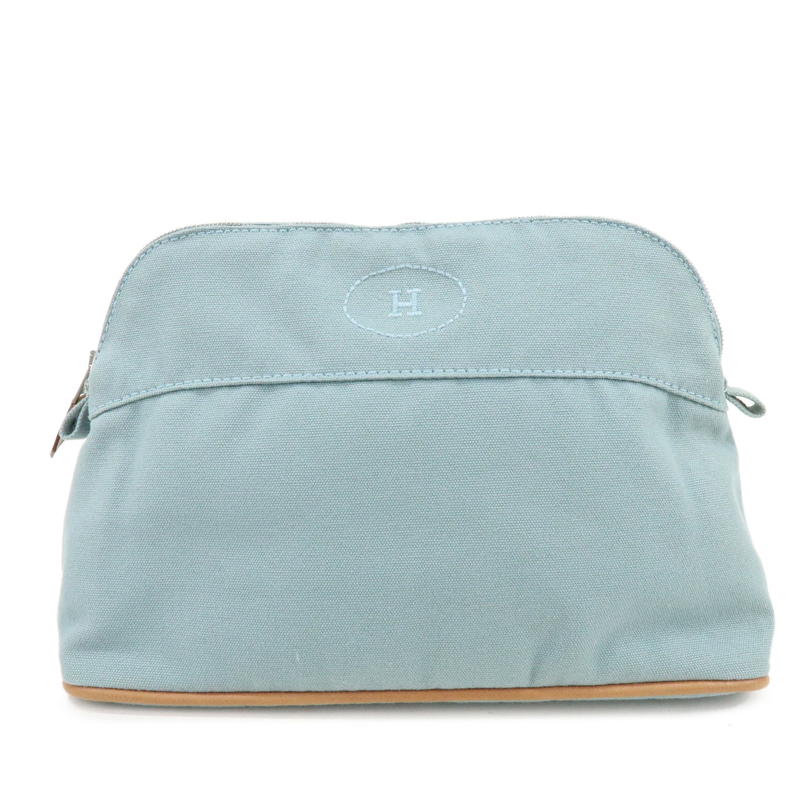 HERMES Bolide Pouch MM Cotton Leather Cosmetic Pouch Light Blue Brown