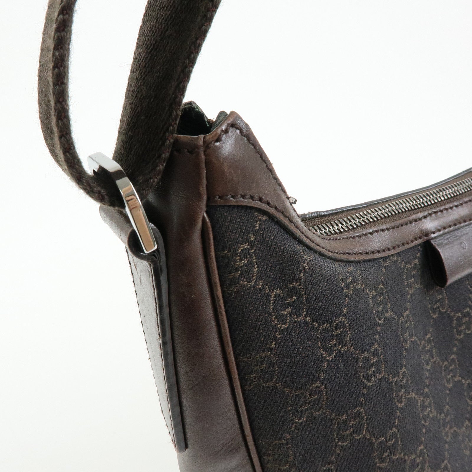 GUCCI GG Denim Leather Half Moon Shoulder Bag Dark Brown 101682
