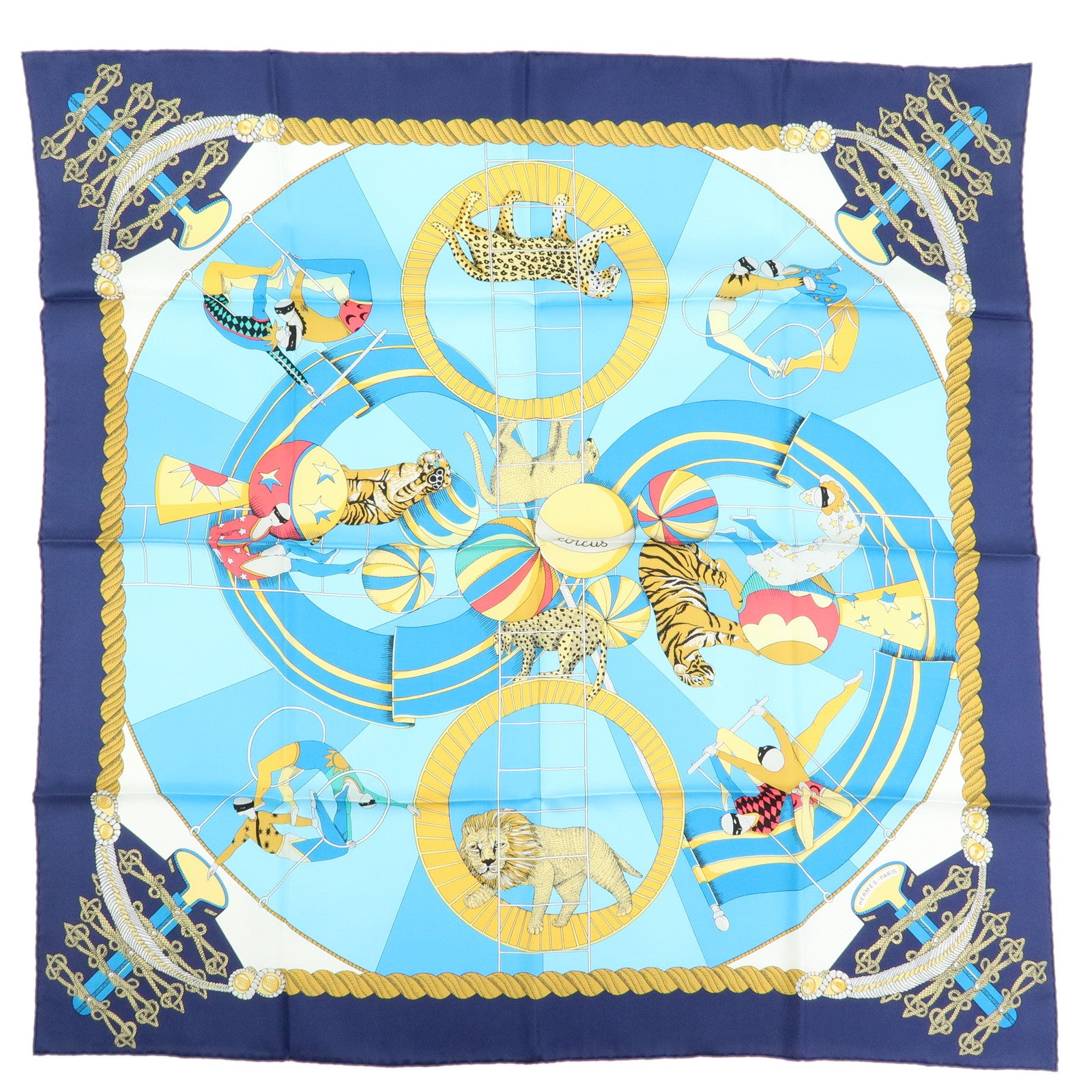 HERMES Carre 90 Silk 100% Scarf Circus Blue Yellow White