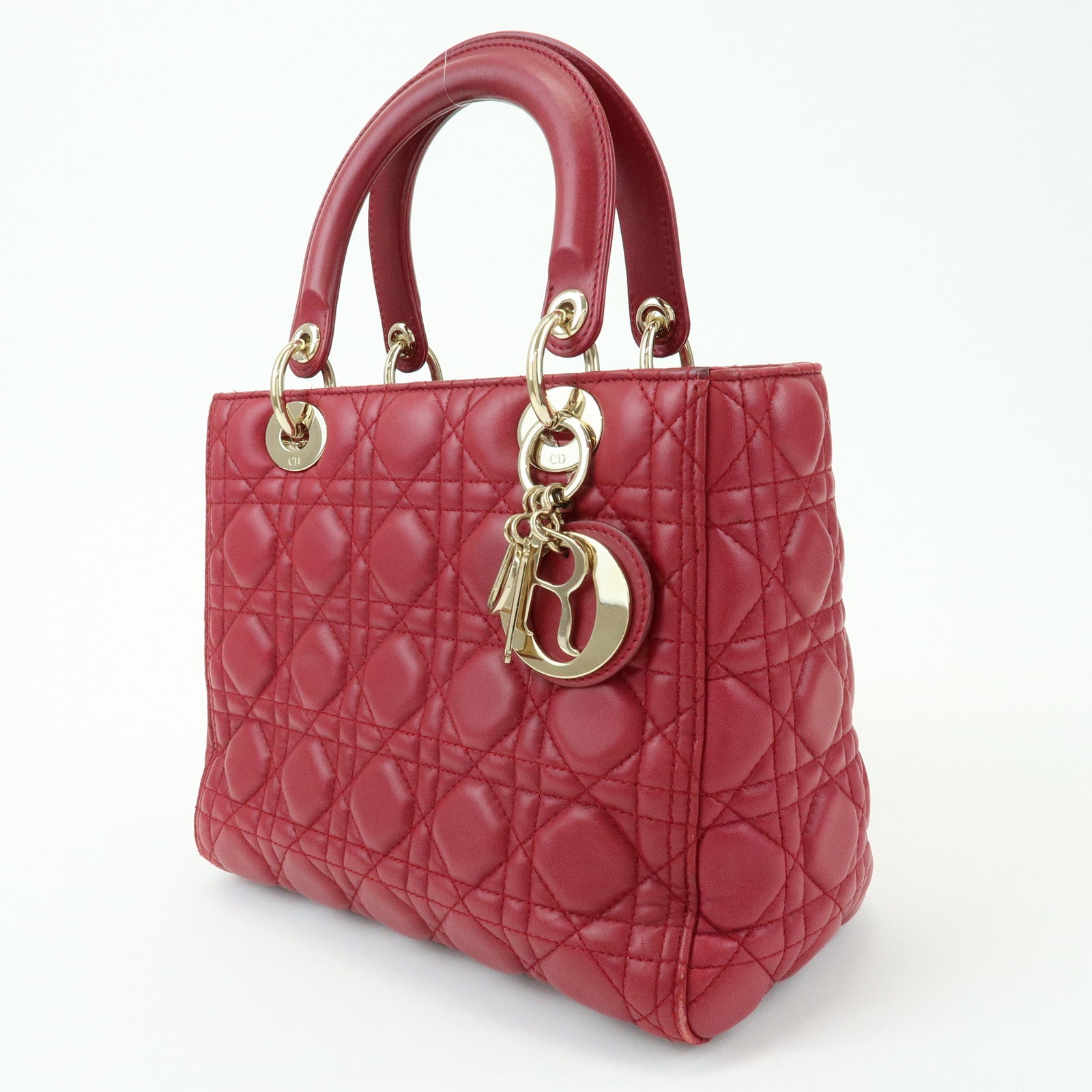 Christian Dior Lady Dior Cannage Lamb Skin Hand Bag Red