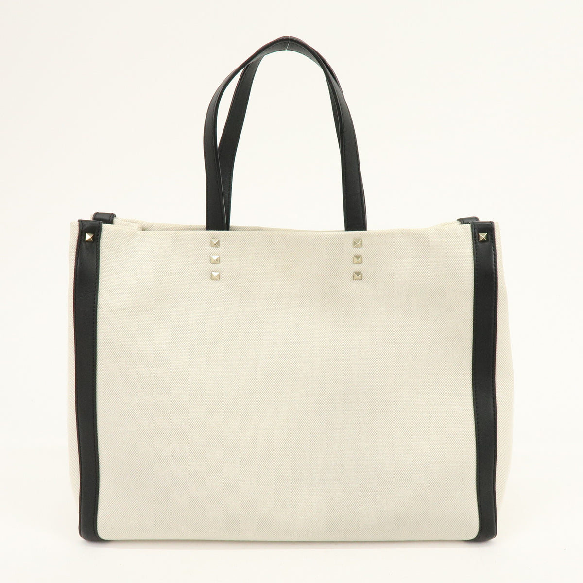 VALENTINO VLTN Rockstud Canvas Leather Tote Bag Hand Bag White Black