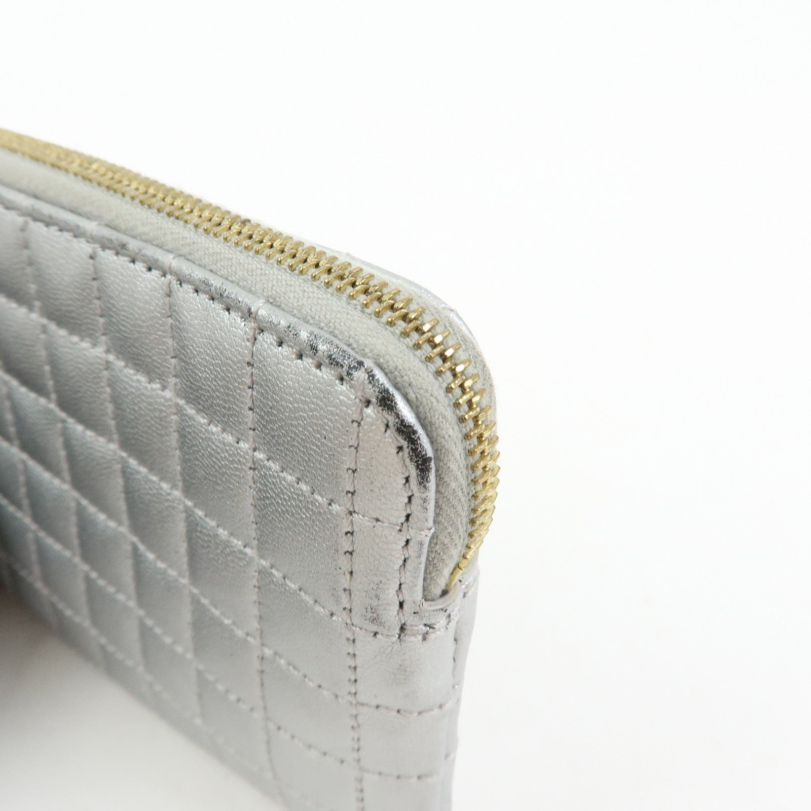 CELINE Leather C Charm Coin Case Coin Purse Metallic Silver