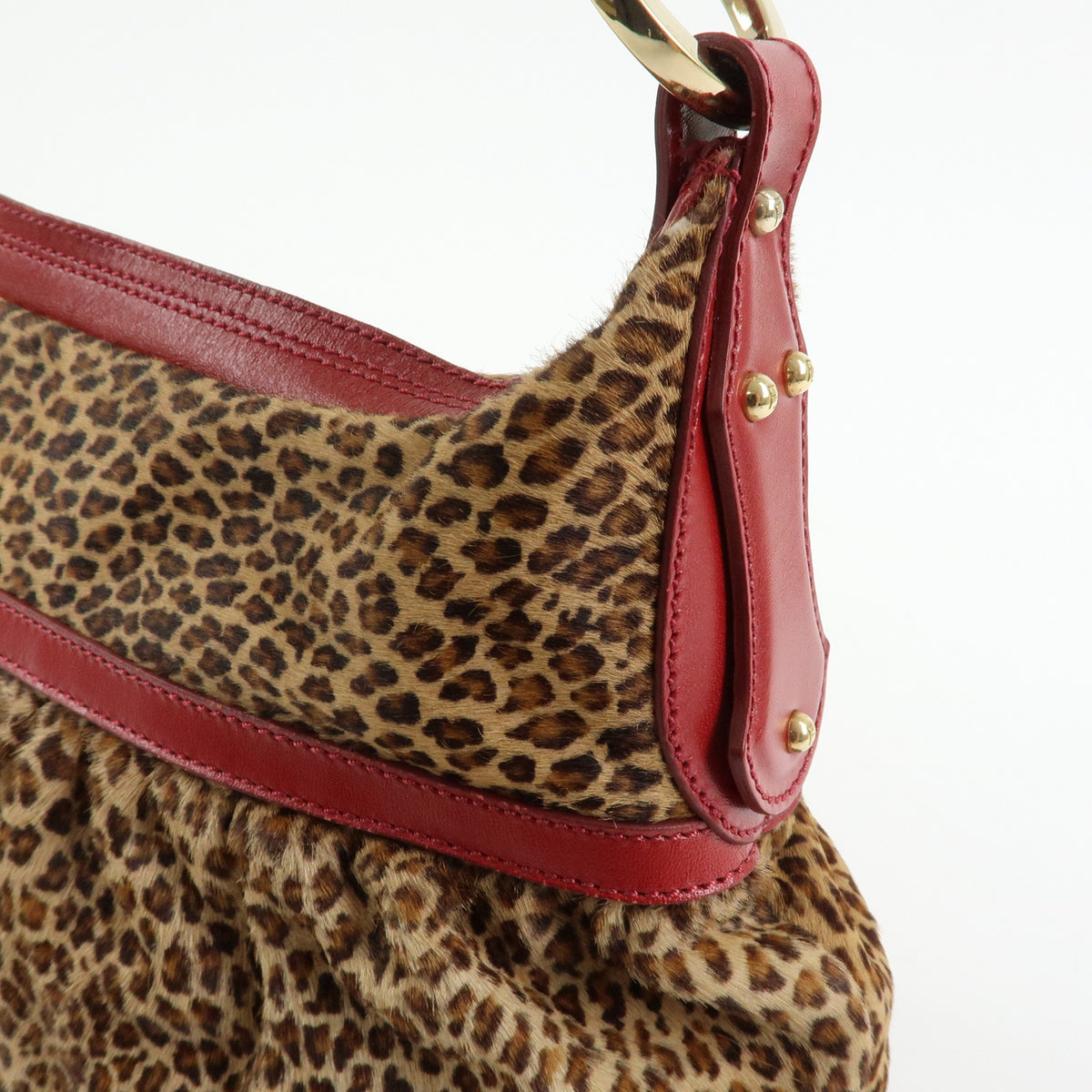 FENDI Pony Hair Leather Leopard Shoulder Bag Hand Bag Brown Red 8BR448