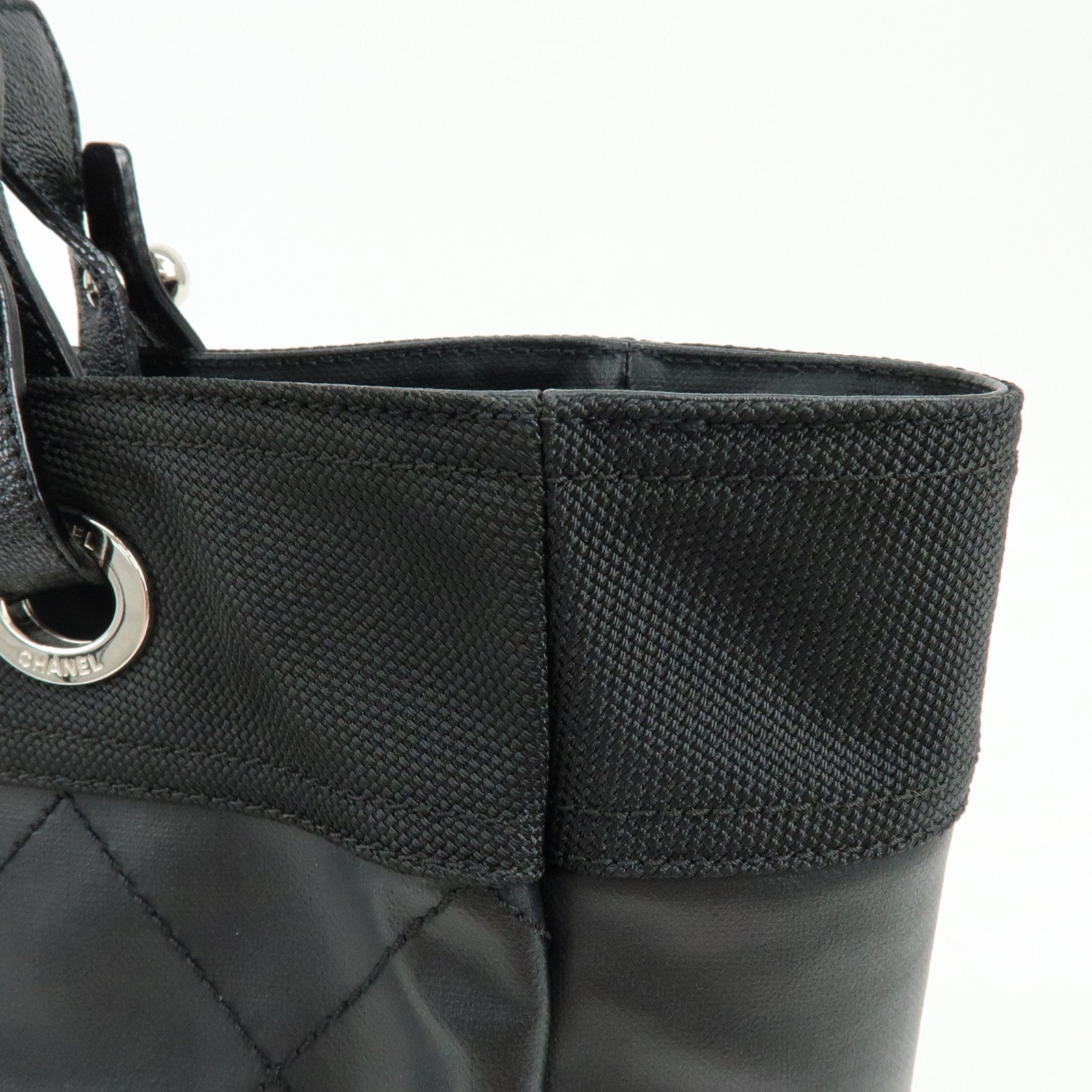 CHANEL Paris Biarritz COCO Mark Leather Canvas Tote Bag Black A34209
