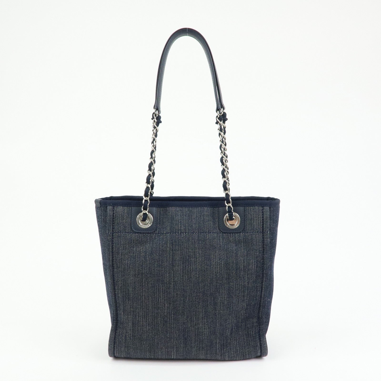 CHANEL Deauville PM Denim Calf Leather Chain Tote Bag Indigo A66939