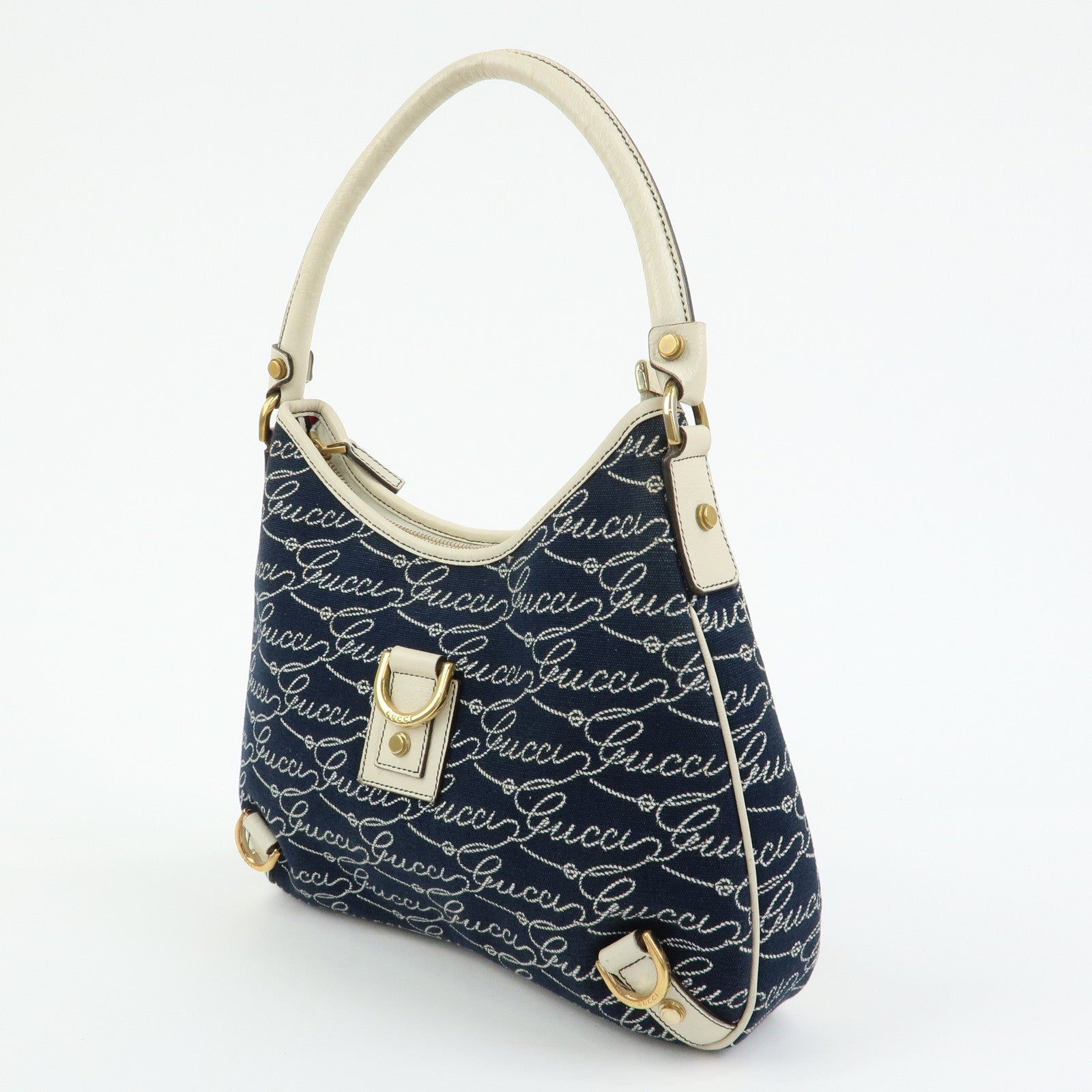 GUCCI Abbey Canvas Leather Shoulder Bag Hand Bag Navy White 130738