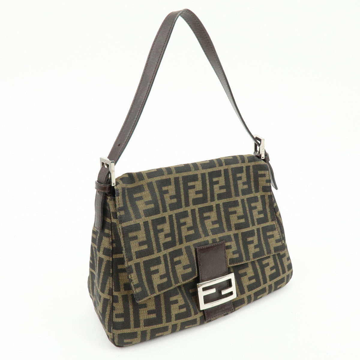 FENDI Mamma Baguette Jacquard Canvas Leather Shoulder Bag Brown 26325