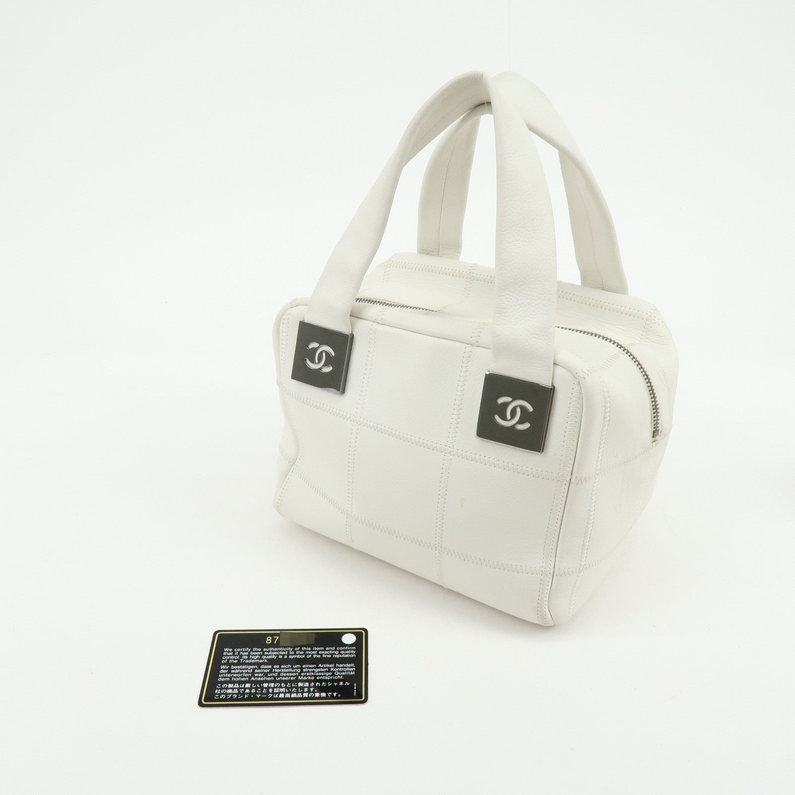 CHANEL Chocolate Bar COCO Mark Caviarskin Hand Bag Tote Bag White