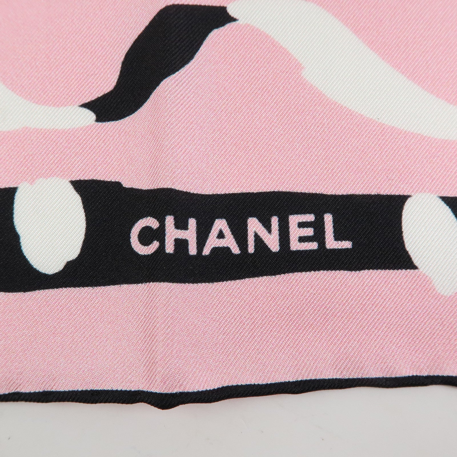 CHANEL COCO Mark Silk 100% Scarf Pink Black White